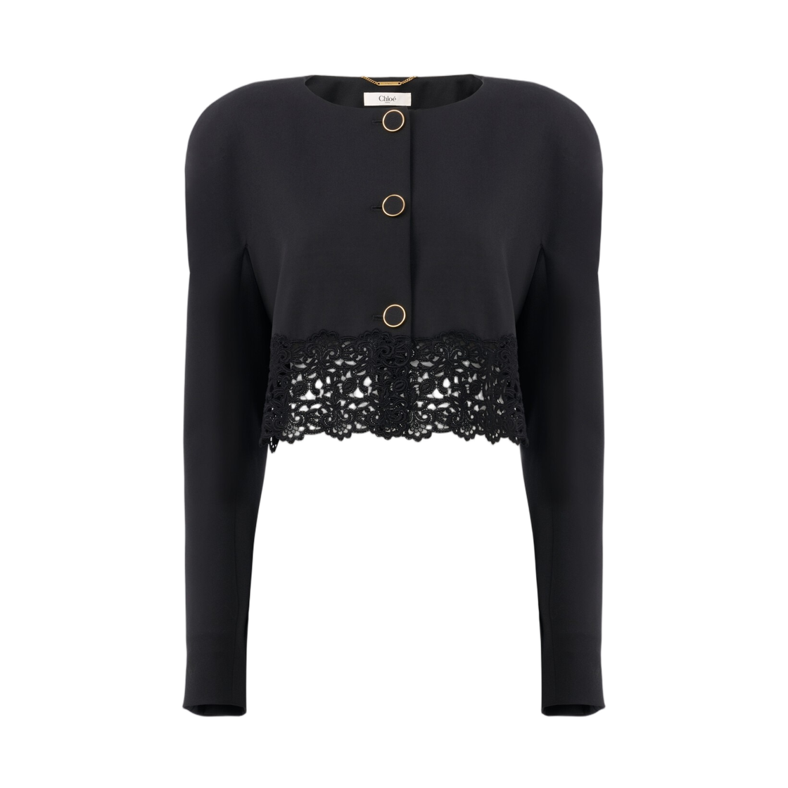 (W) 끌로에 칼라리스 크롭 자켓 울 그레인 드 뿌드르 레이스 블랙((W) Chloe Collarless Cropped Jacket in Wool Grain De Poudre Lace Black) - 1