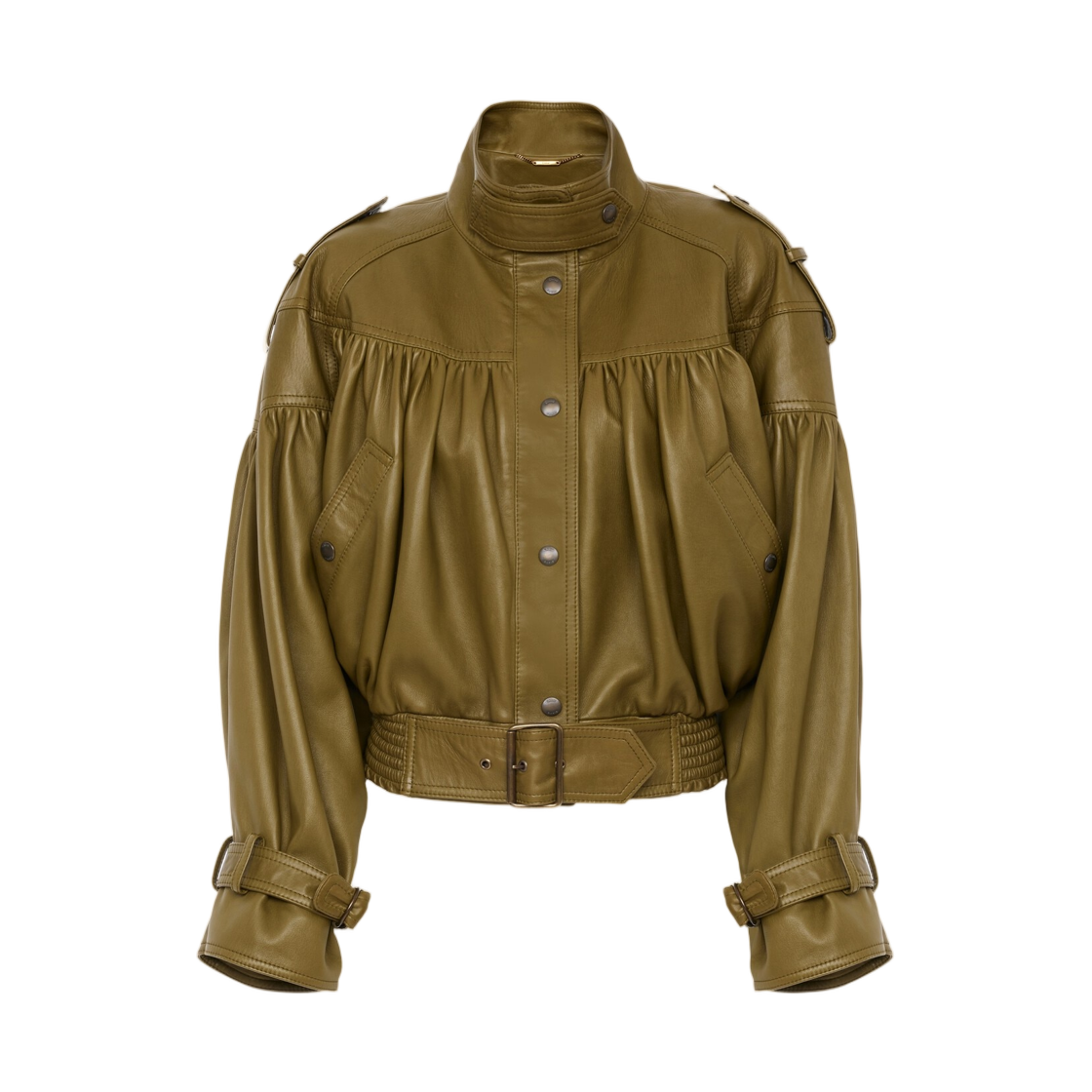(W) 끌로에 하이 넥 크롭 자켓 레더 유칼립투스((W) Chloe High Neck Cropped Jacket in Leather Eucalyptus) - 1