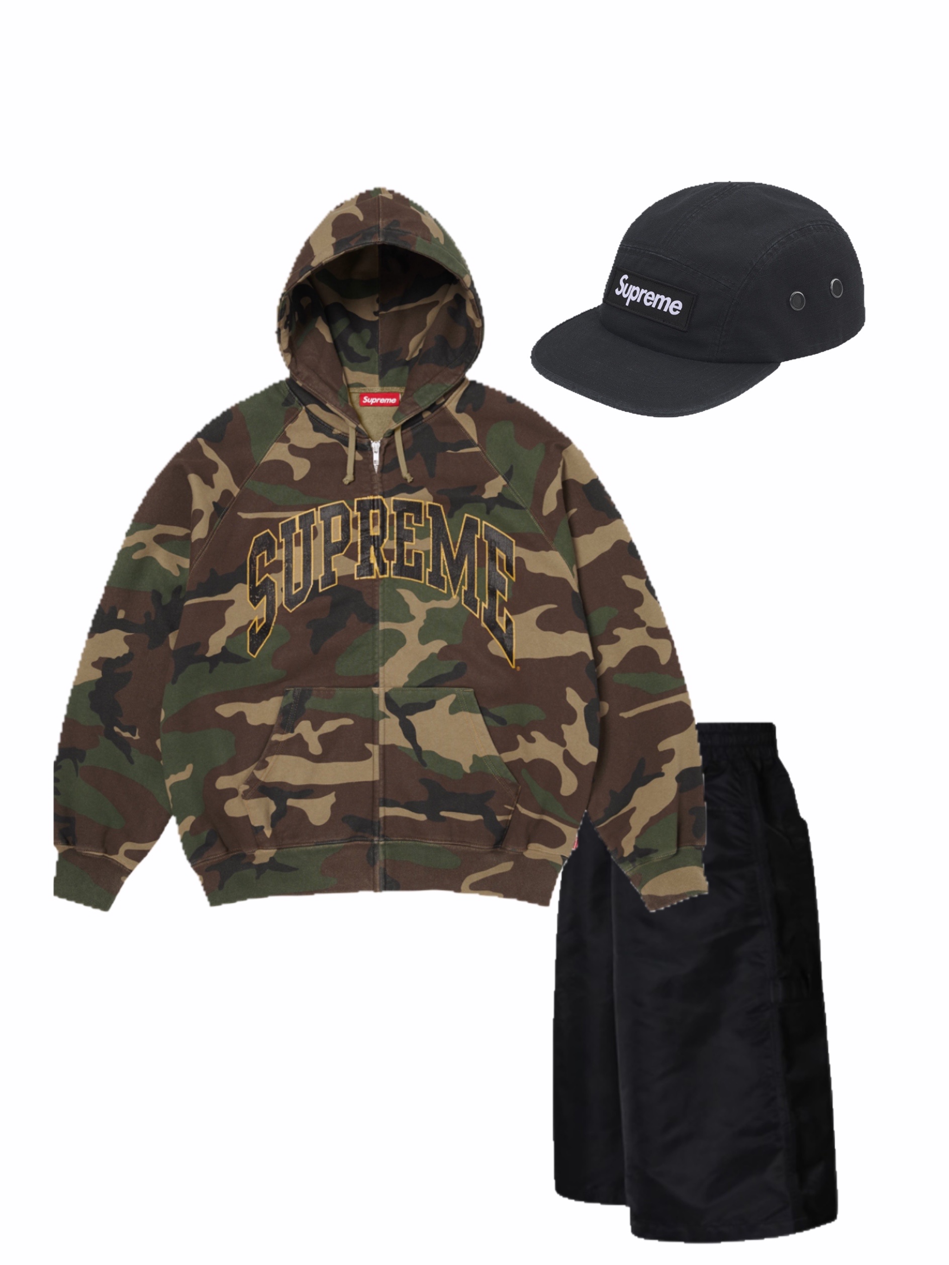 Supreme Cracked Raglan Zip Up Hooded Sweatshirt Woodland Camo - 26SS, Supreme Military Camp Cap Black - 26SS 착용 스타일