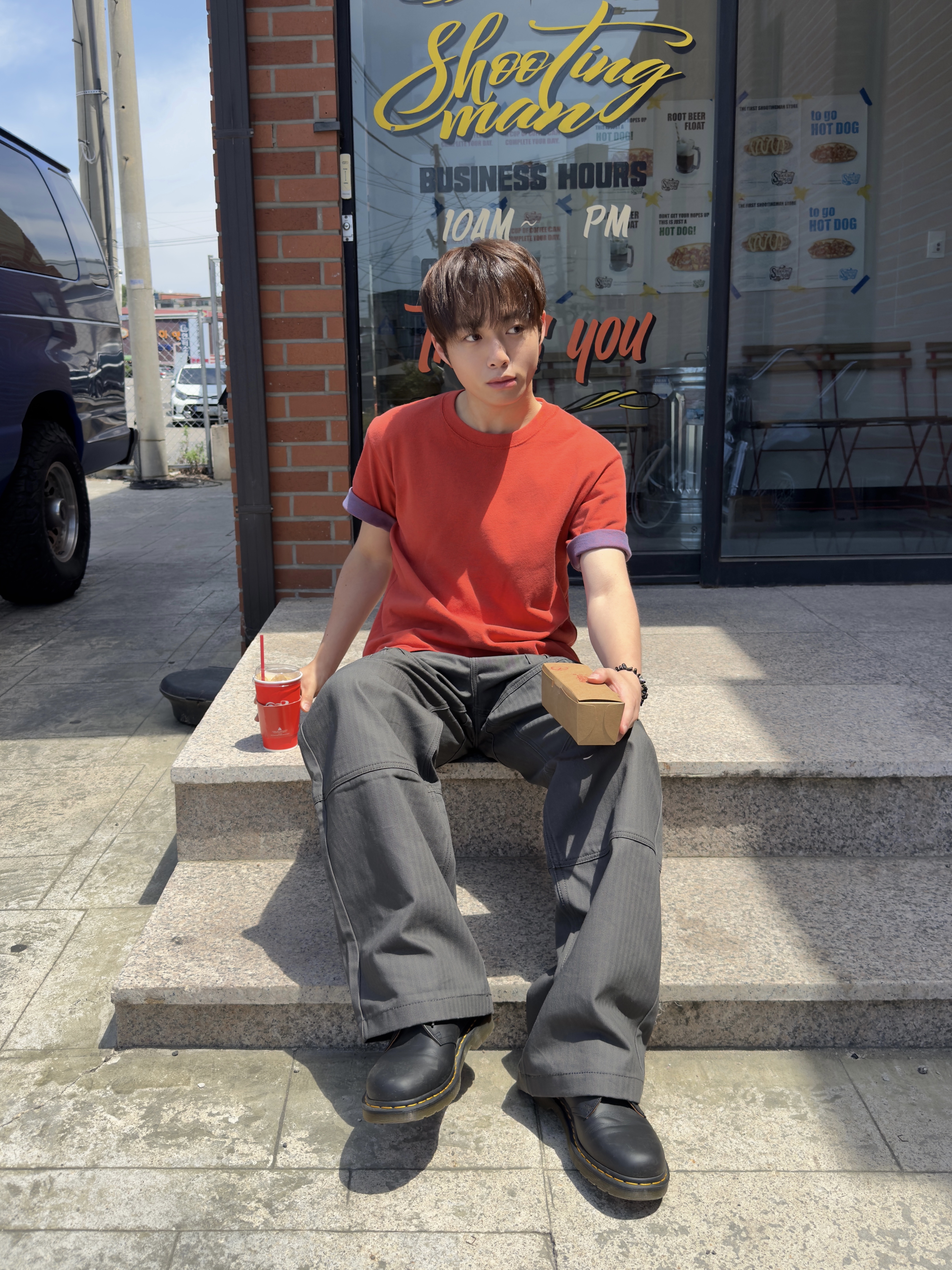 CHOWOO 4 Panel Cargo Pockets Herringbone Twill Pants Gray 착용 스타일 - 2