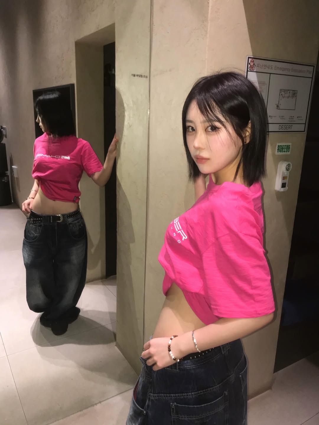 SPORT CHAMBER Women Long Flash Slub T-Shirt Pink 착용 스타일 - 3
