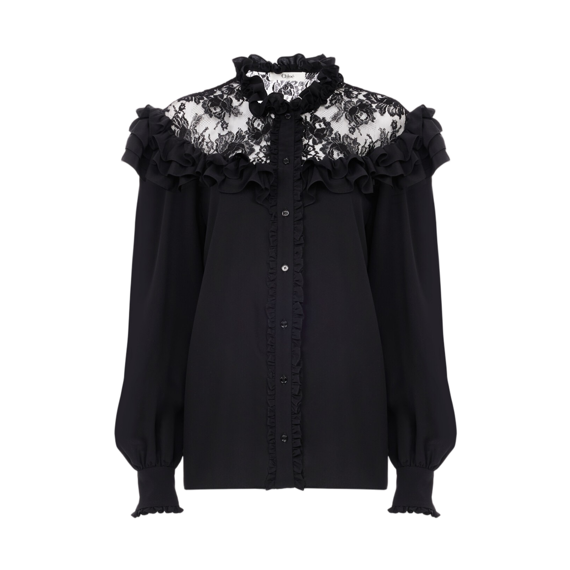 CH26AHT40005001 (W) Chloe High Neck Ruffled Blouse in Crepe De Chine Lace Black
