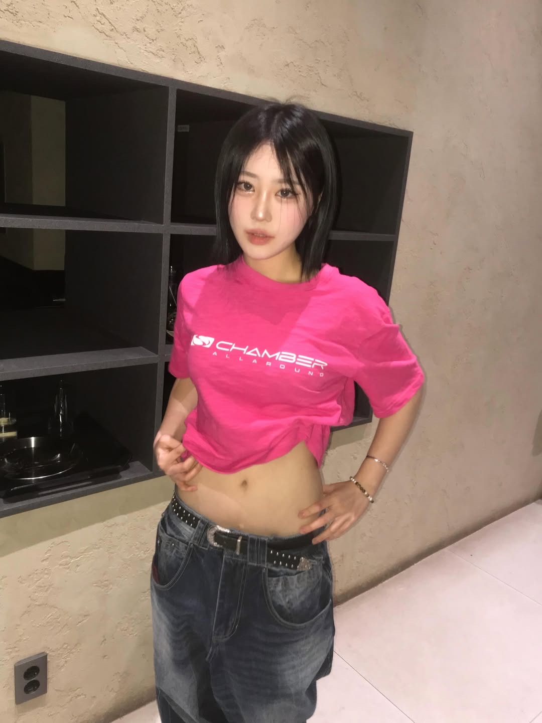 SPORT CHAMBER Women Long Flash Slub T-Shirt Pink 착용 스타일 - 1