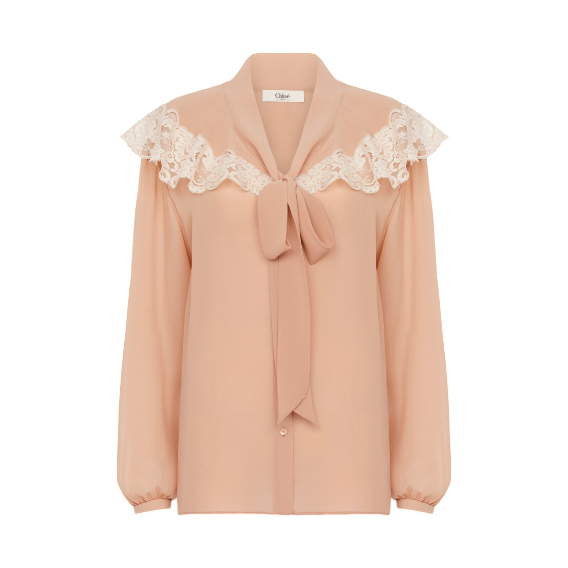 (W) 끌로에 타이 프론트 개더드 블라우스 실크 조지테 레이스 비스킷 핑크((W) Chloe Tie Front Gathered Blouse in Silk Georgette Lace Biscuit Pink) - 1
