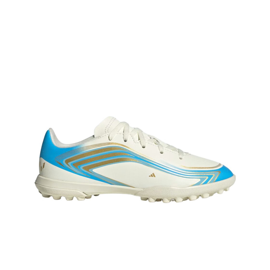 (J) 아디다스 F50 메시 클럽 터프 풋볼 아이보리 세미 블루 버스트((J) Adidas F50 Messi Club Turf Football Ivory Semi Blue Burst) - 1