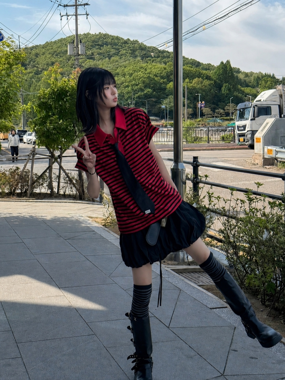 ROARINGRAD Striped Polo T-shirt Red 착용 스타일