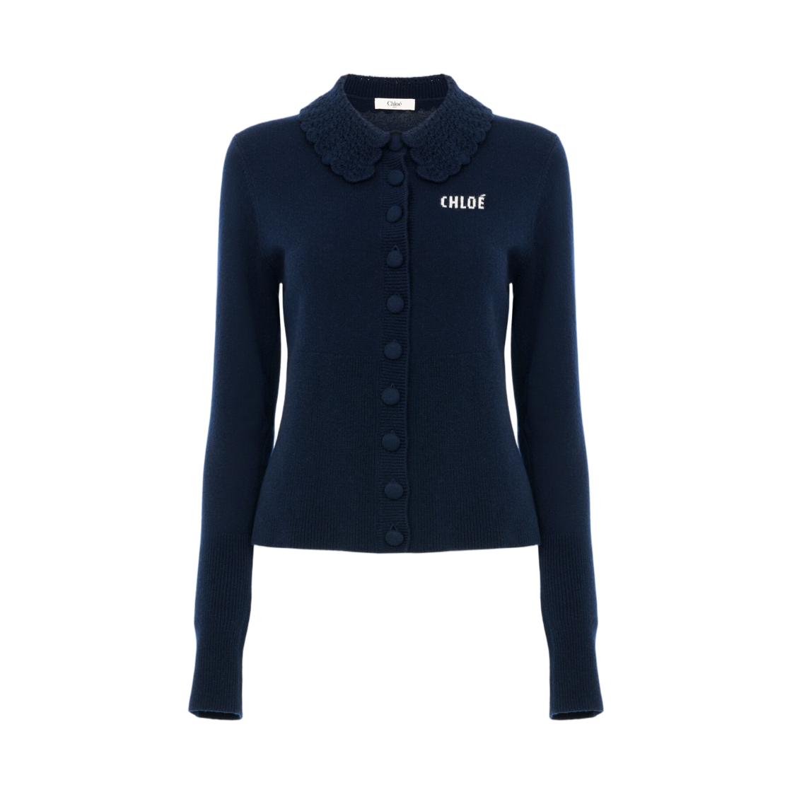 CH26AMC167114C3 (W) Chloe Fitted Logo Cardigan in a Wool Knit Ink Navy
