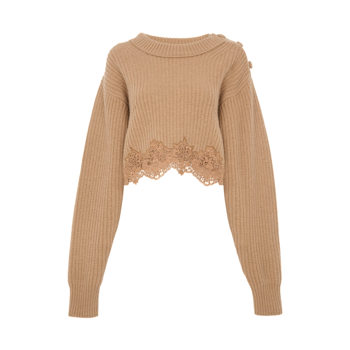 (W) 끌로에 크롭 목 넥 스웨터 울 앤 캐시미어 니트 레이스 블리치드 브라운((W) Chloe Cropped Mock Neck Sweater in a Wool and Cashmere Knit Lace Bleached Brown) - 1