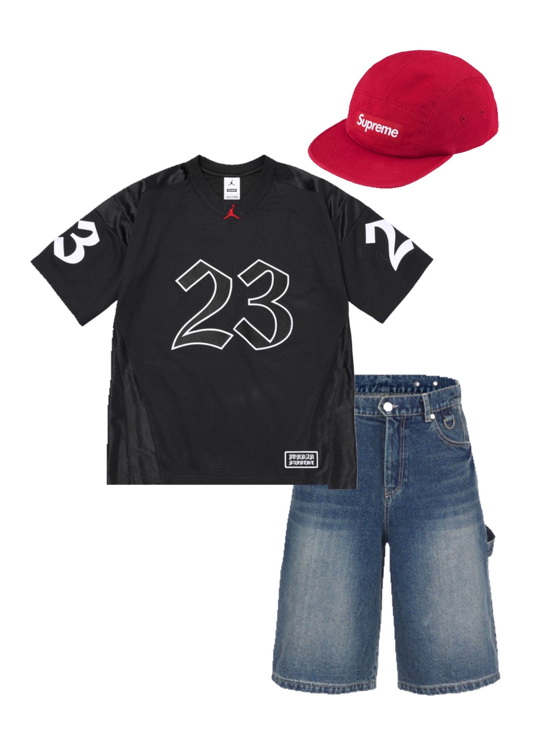 Supreme x Jordan Warm Up Jersey Black - 26SS, Thevinylhouse Carpenter Denim Shorts Blue 착용 스타일