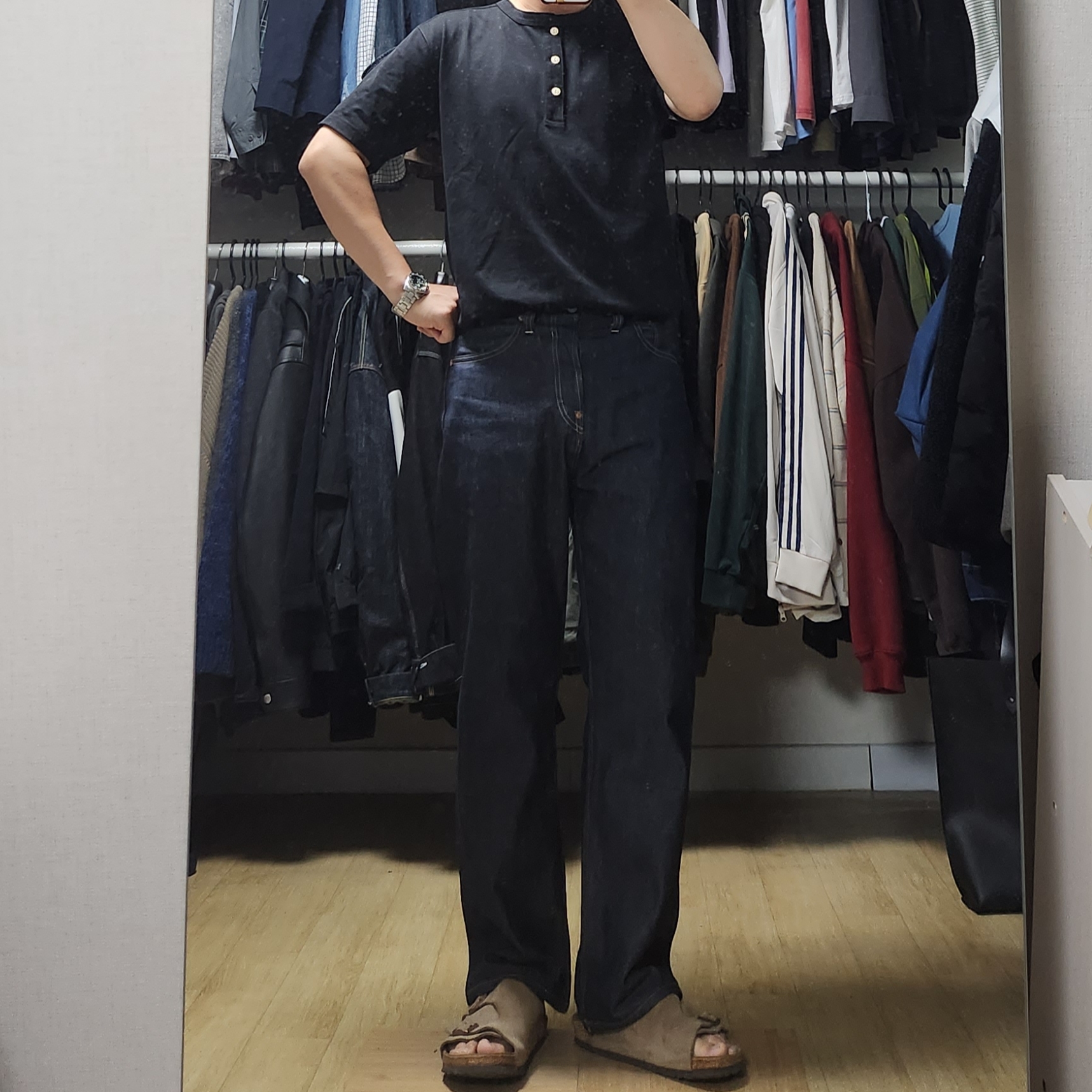 Levi's LVC 1937 Japan 501 Jean Dark Indigo 150th Anniversary Limited Edition, Birkenstock Zurich Suede Leather Taupe - Narrow 착용 스타일