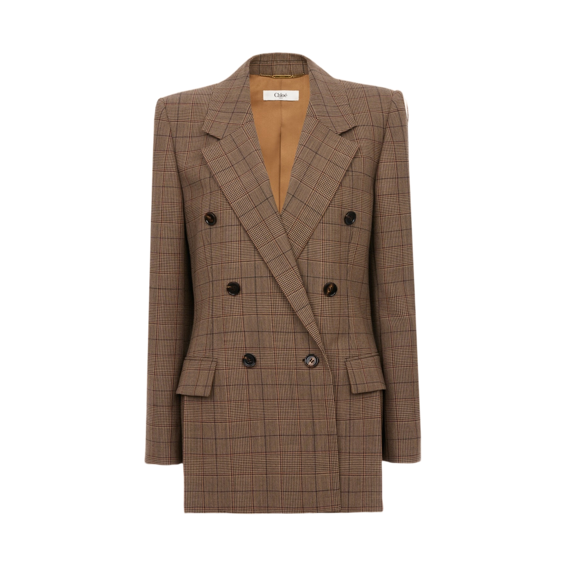(W) 끌로에 더블 브레스티드 테일러드 자켓 체크 울 브라운 / 베이지((W) Chloe Double Breasted Tailored Jacket in Check Wool Brown / Beige) - 1