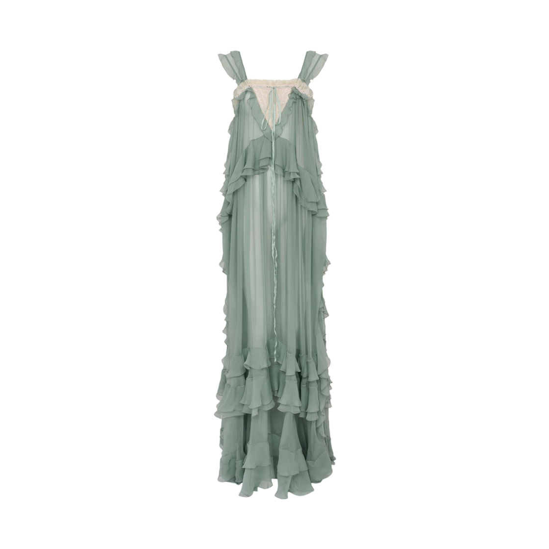 CH26ARO1900138X (W) Chloe Sleeveless Layered Long Dress in Silk Mousseline Lace Smoggy Green