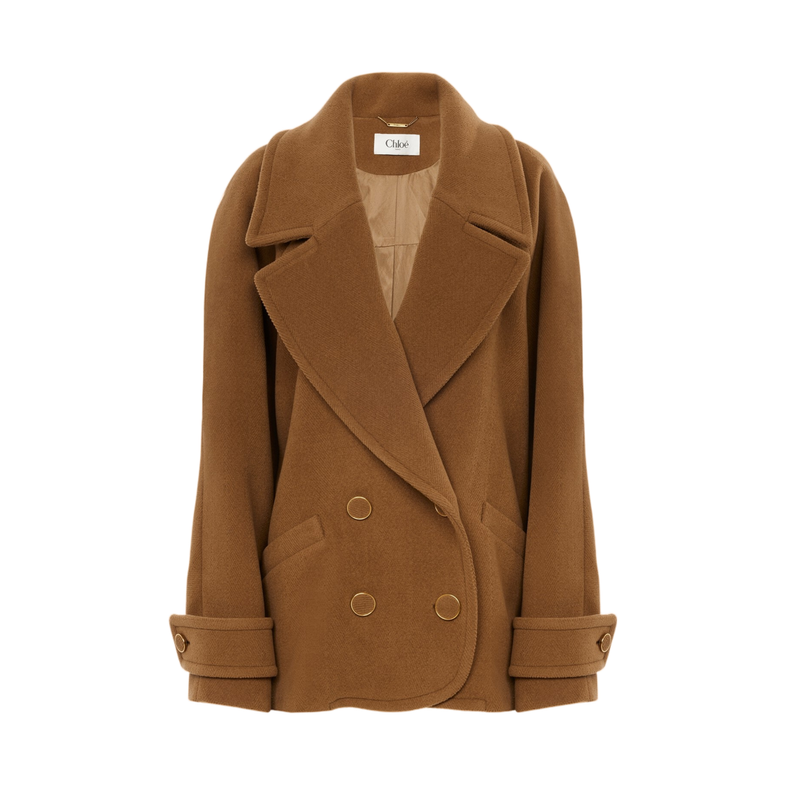 (W) 끌로에 더블 브레스티드 숏 코트 헤링본 울 더스티 카멜((W) Chloe Double Breasted Short Coat in Herringbone Wool Dusty Camel) - 1