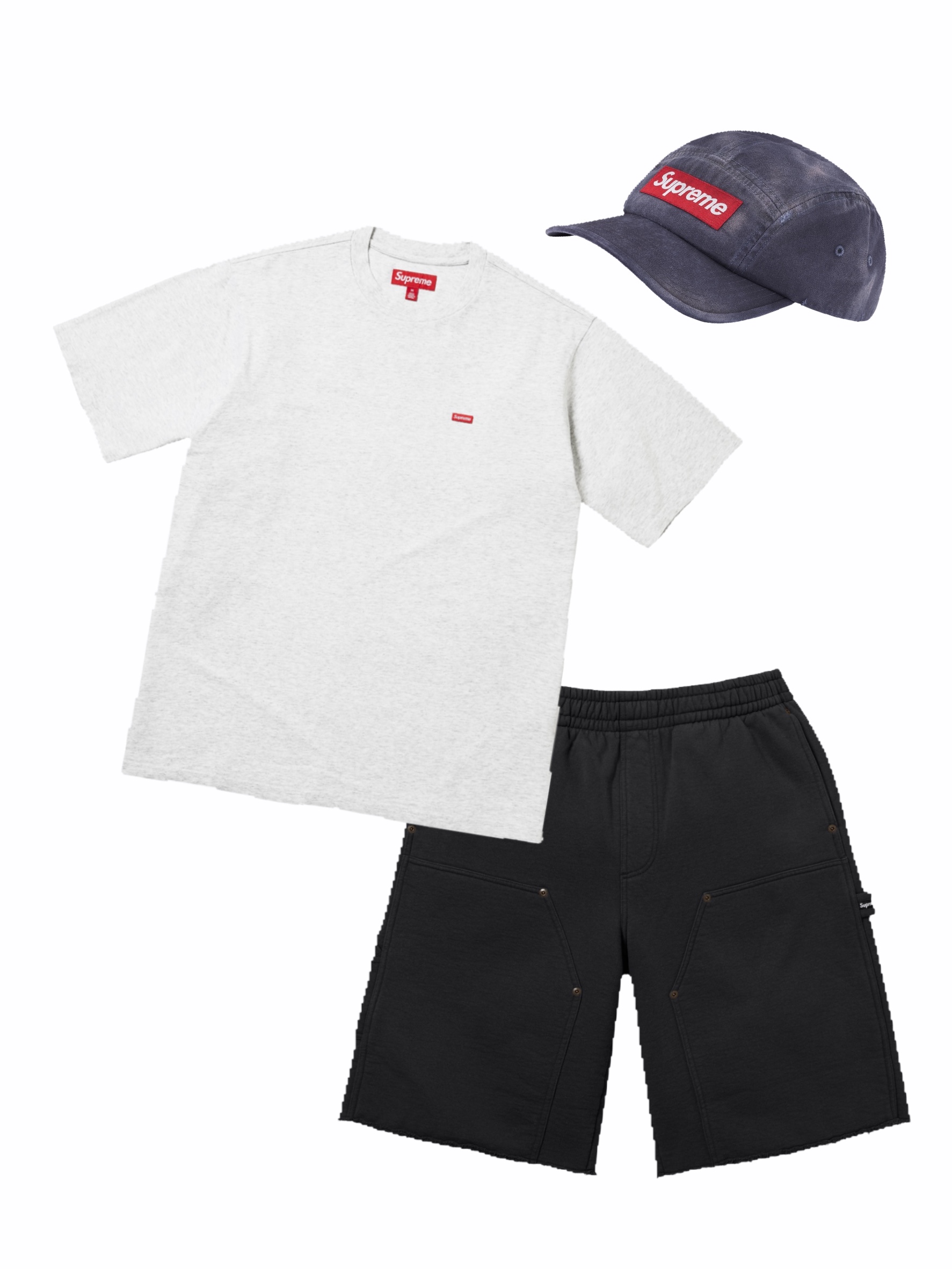 Supreme Small Box T-Shirt Ash Grey - 26SS, Supreme Double Knee Painter Sweatshort Black - 26SS 착용 스타일