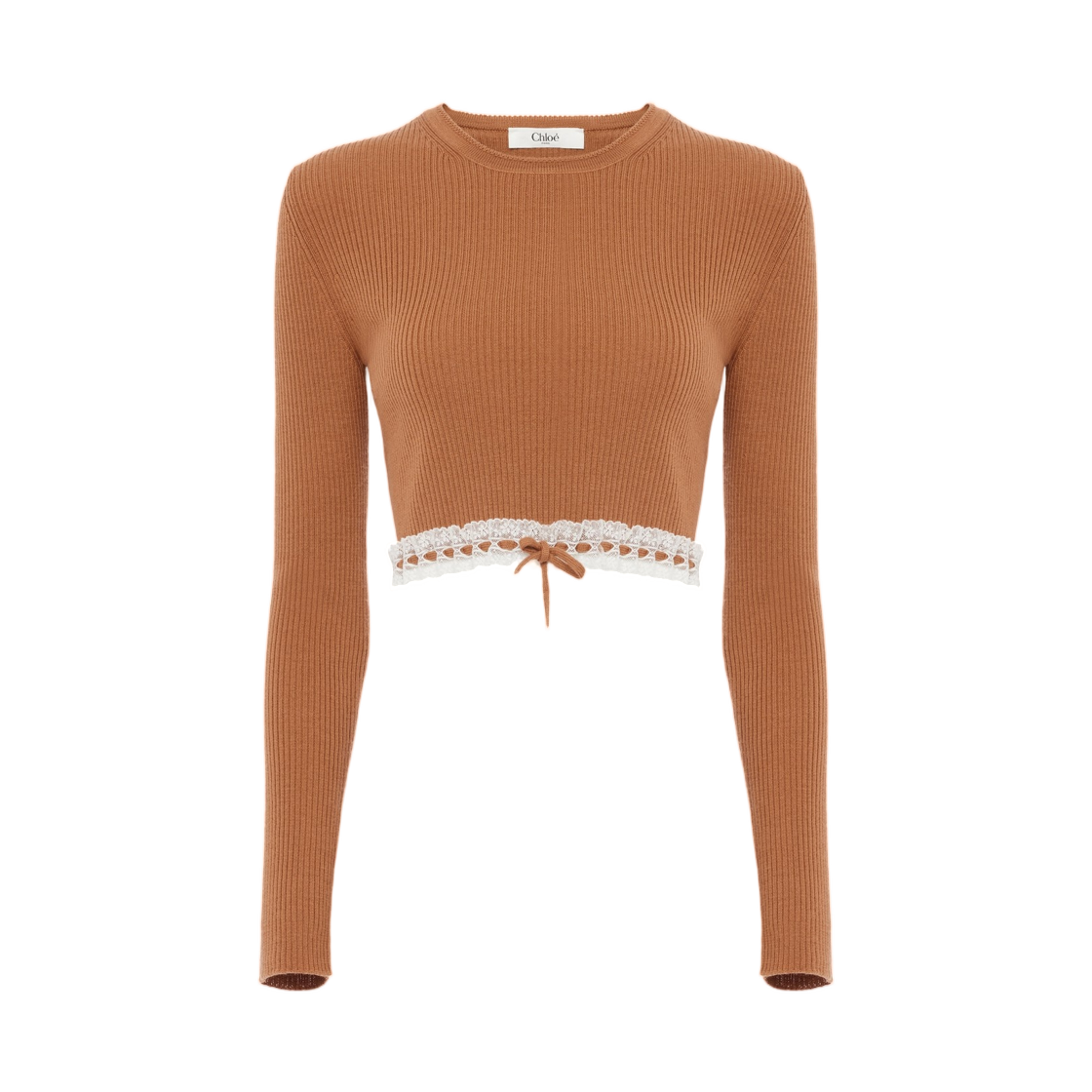 CH26AMP11600246 (W) Chloe Cropped Fitted Sweater in a Wool Knit Lace Cognac Brown