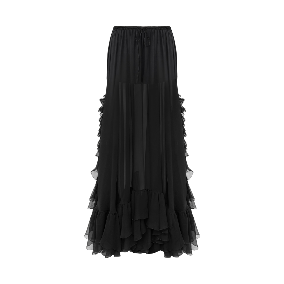 (W) 끌로에 러플 롱 스커트 실크 모슬린 블랙((W) Chloe Ruffled Long Skirt in Silk Mousseline Black)