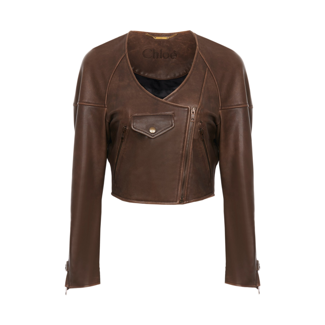 (W) 끌로에 크롭 스쿱 넥 자켓 레더 부르봉 브라운((W) Chloe Cropped Scoop Neck Jacket in Leather Bourbon Brown) - 1