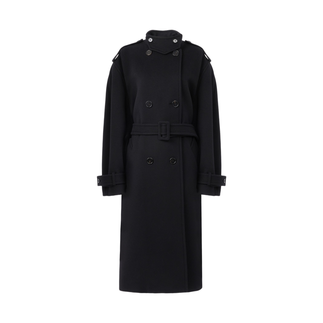 (W) 끌로에 하이 넥 롱 코트 더블 페이스 울 블랙((W) Chloe High Neck Long Coat in Double Face Wool Black) - 1