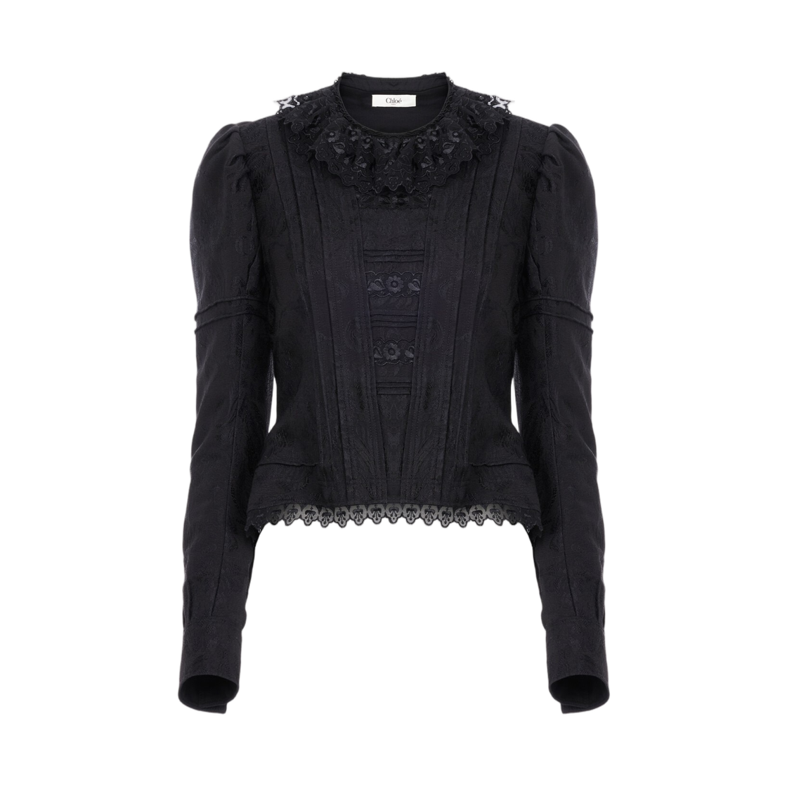 (W) 끌로에 피티드 자켓 실크 블렌드 자카드 레이스 블랙((W) Chloe Fitted Jacket in Silk Blend Jacquard Lace Black) - 1