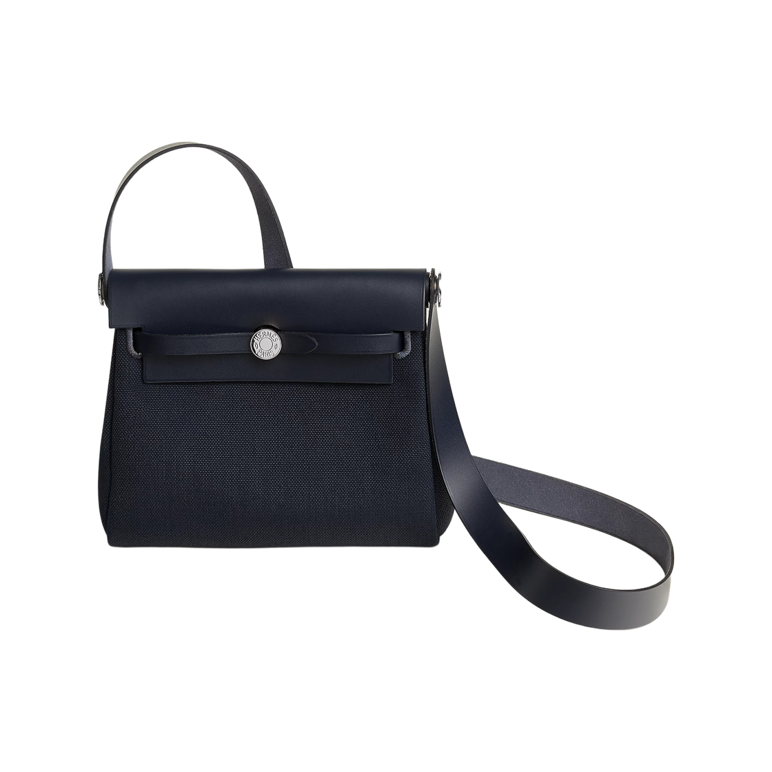 H086430CKAH Hermes Herbag Zip 20 Bag Military Canvas Hunter Cowhide & Palladium Bleu Indigo