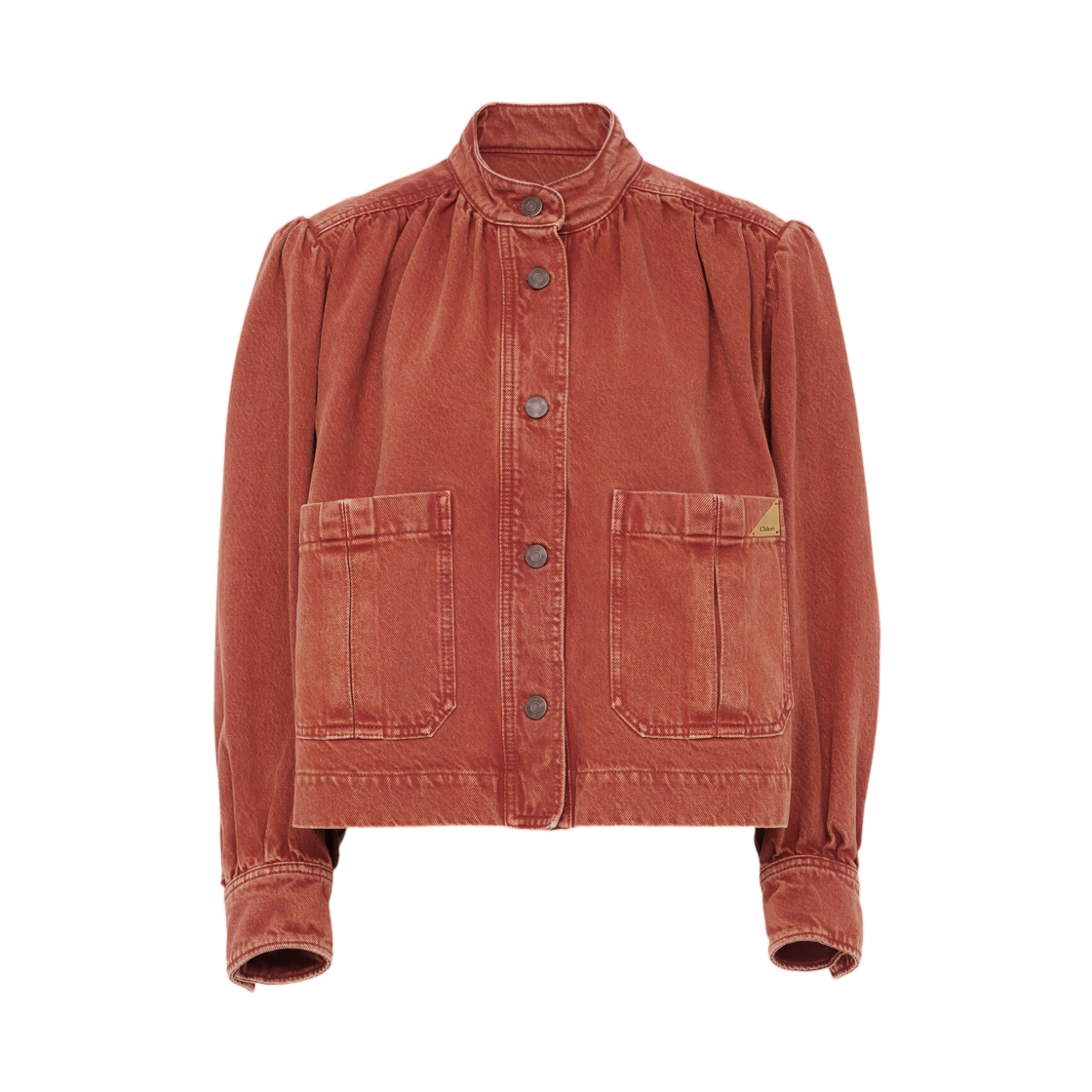 (W) 끌로에 하이 넥 개더드 자켓 데님 크림슨 브라운((W) Chloe High Neck Gathered Jacket in Denim Crimson Brown)
