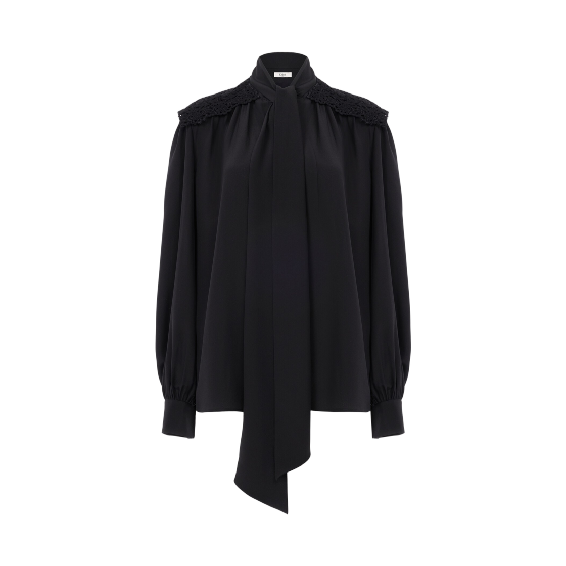 CH26AHT30005001 (W) Chloe Gathered Scarf Tie Blouse in Crepe De Chine Lace Black