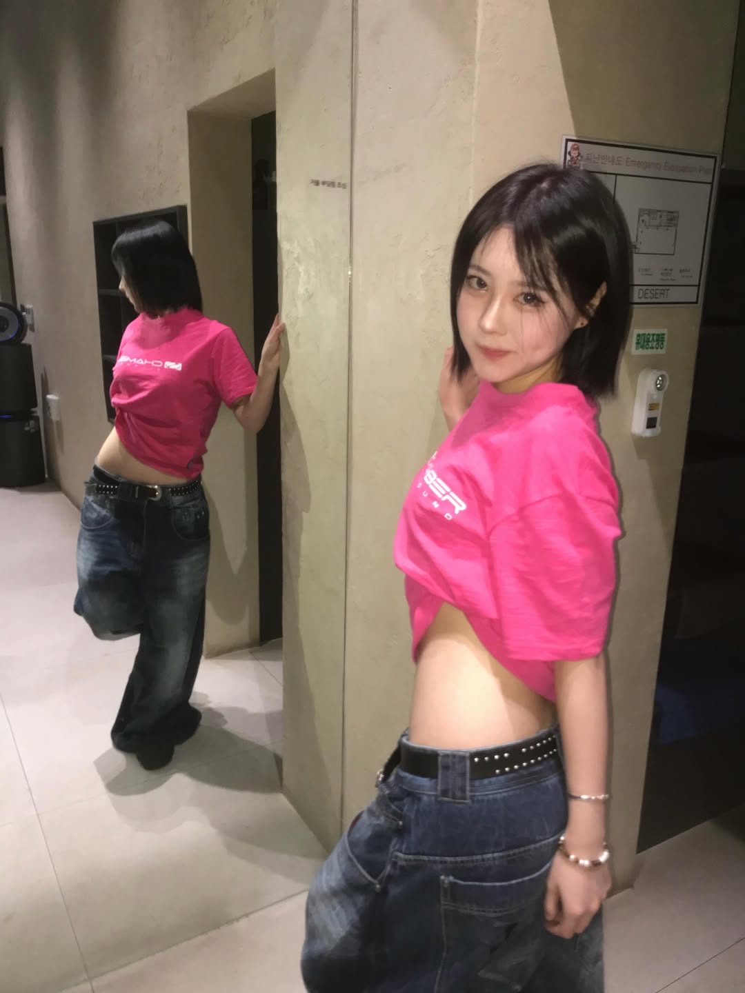 SPORT CHAMBER Women Long Flash Slub T-Shirt Pink 착용 스타일 - 4