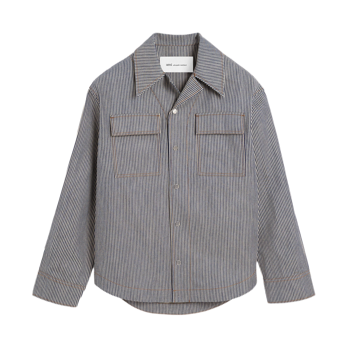 아미 블루 스트라이프 코튼 캠프 칼라 오버셔츠 인디고 에크루(AMI Blue Striped Cotton Camp Collar Overshirt Indigo Ecru)