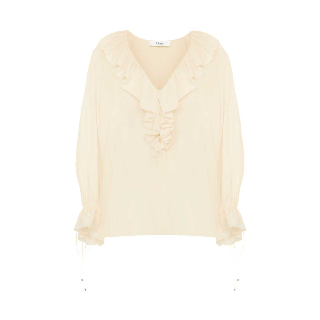 (W) 끌로에 브이넥 러플 탑 크레이프 드 신 프리스틴 화이트((W) Chloe V-Neck Ruffle Top in Crepe De Chine Pristine White) - 1