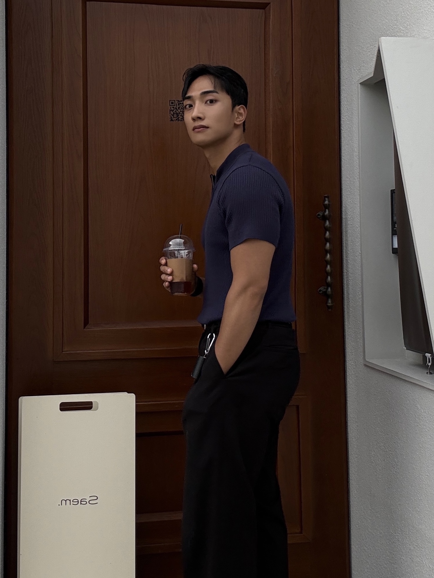 PHOS333 M Slim Fit Half Zip Knit Navy 착용 스타일 - 4
