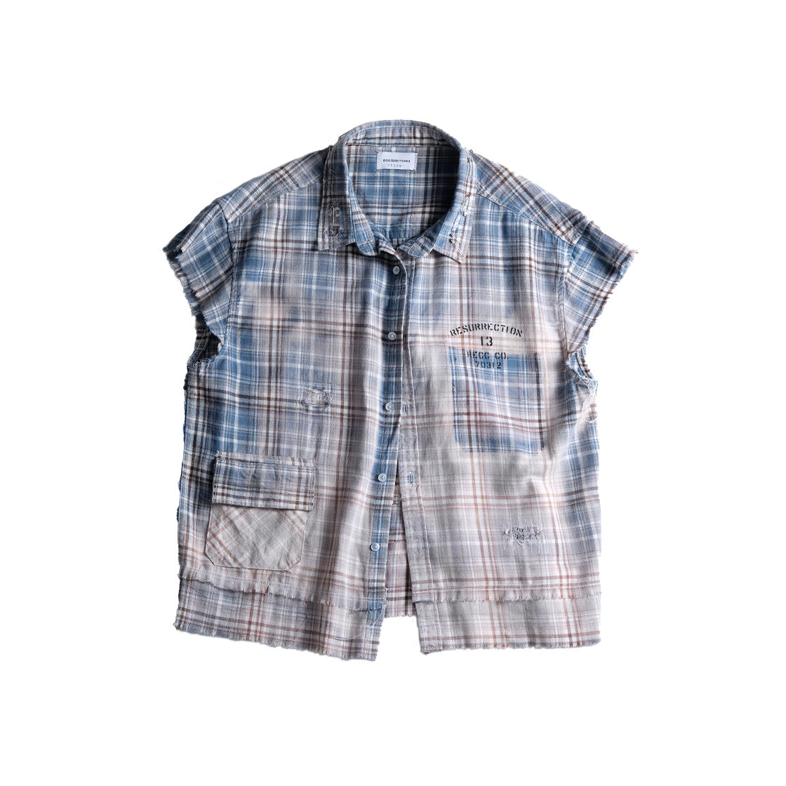 레저렉션13 샐비지드 체크 셔츠 블루(Resurrection13 Salvaged Plaid Shirt Blue)