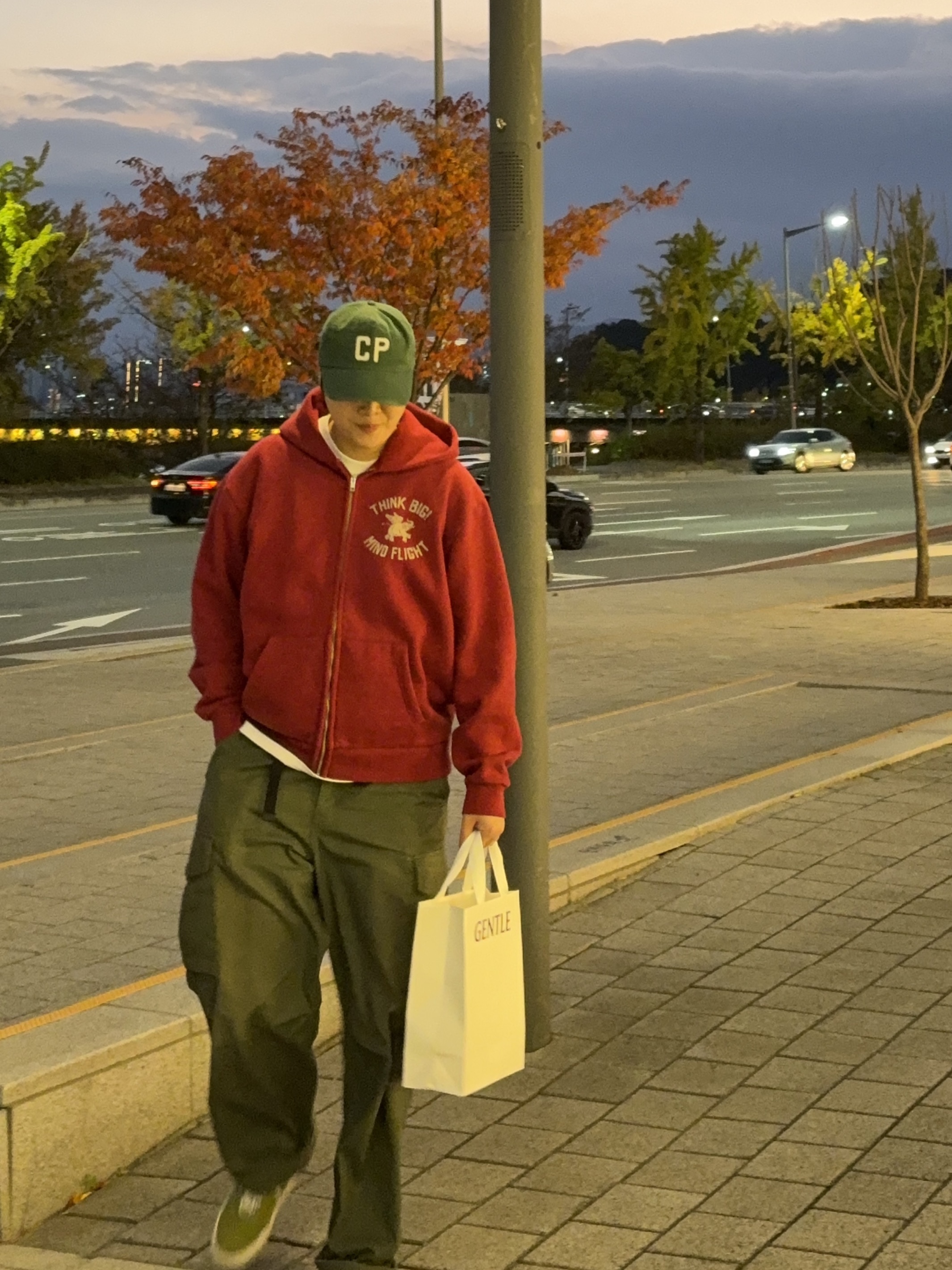 Collect Pieces CP 5 Panel Cap Green, Collect Pieces x Tef Stores Think Big Zip-Up Hoodie Burgundy 착용 스타일