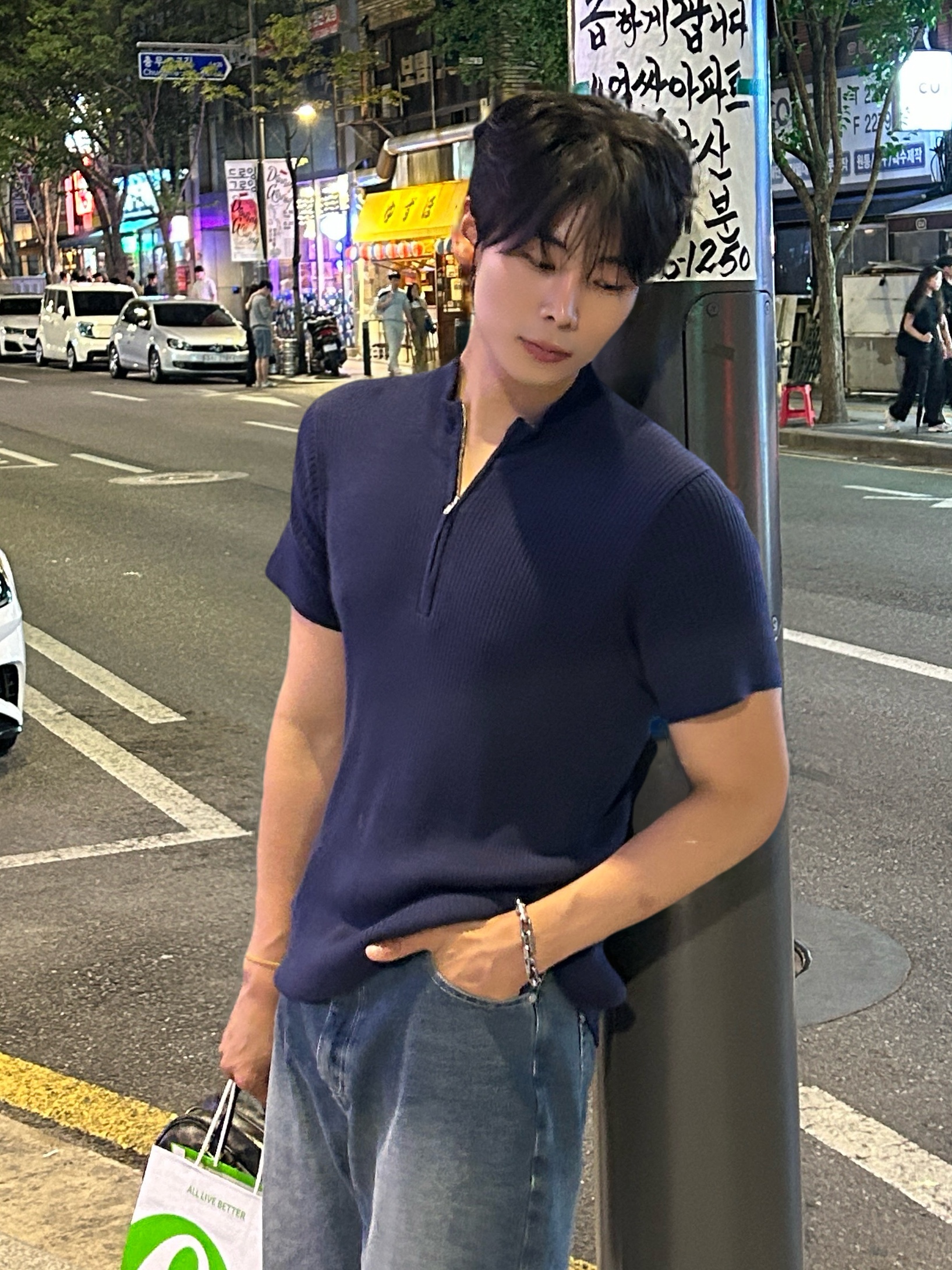 PHOS333 M Slim Fit Half Zip Knit Navy 착용 스타일 - 3
