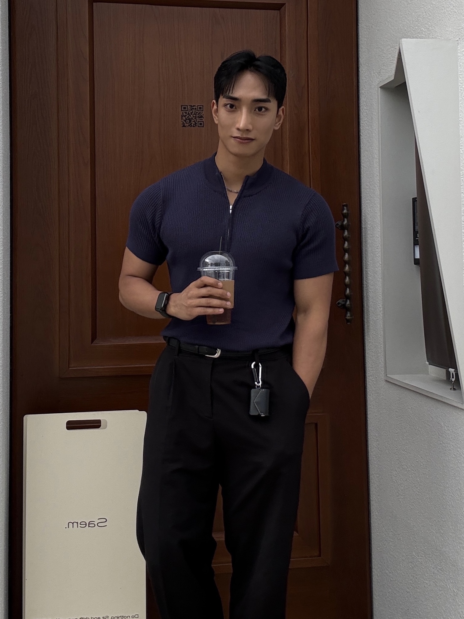 PHOS333 M Slim Fit Half Zip Knit Navy 착용 스타일 - 3