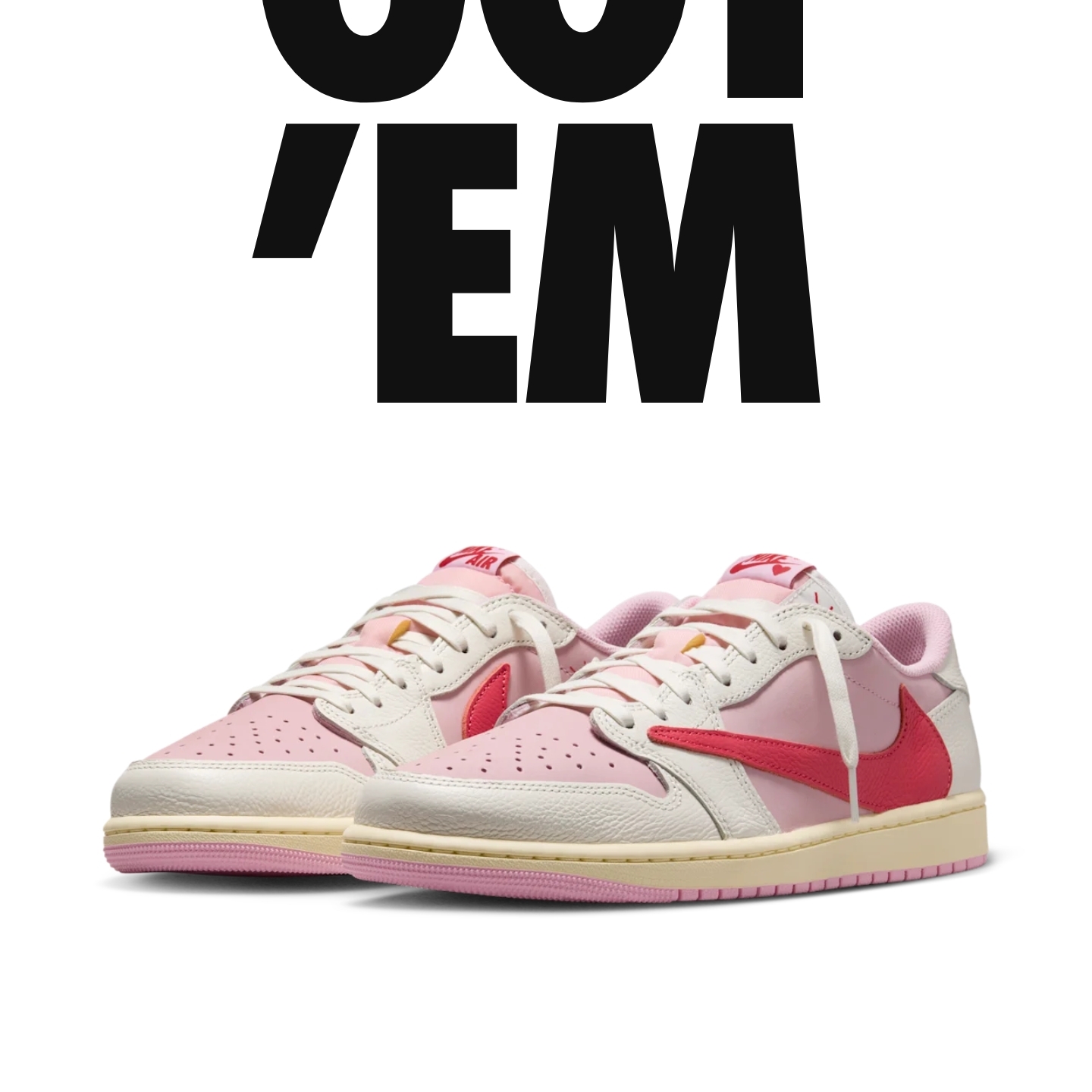 Jordan 1 x Travis Scott Retro Low OG SP Sail Tropical Pink, Jordan 1 x Fragment x Union LA Black and Varsity Red 착용 스타일 - 1
