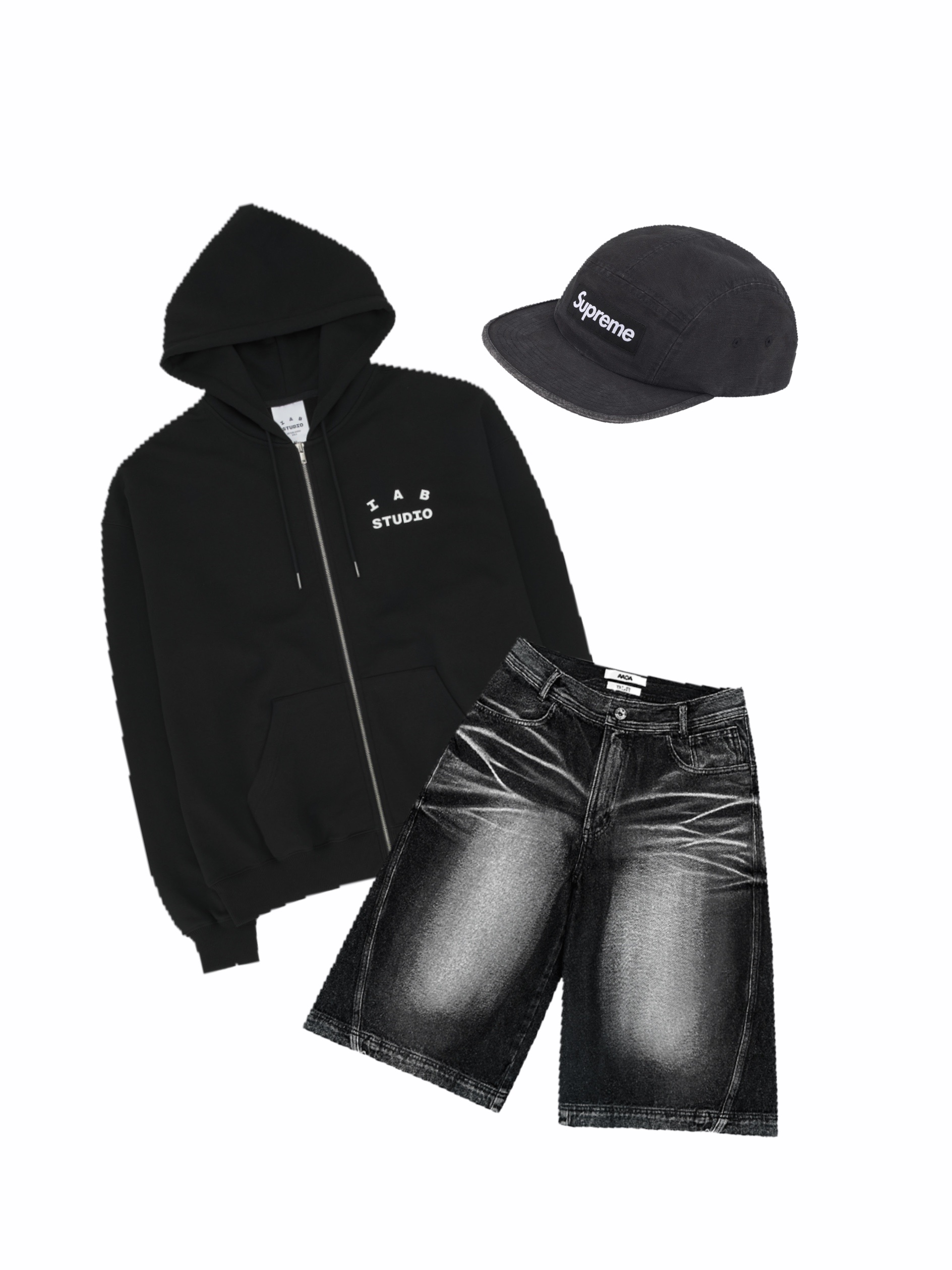 IAB Studio Zip-Up Hoodie Black - 26SS, BLR Embossed Wave Washing Bermuda Denim Pants Black 착용 스타일