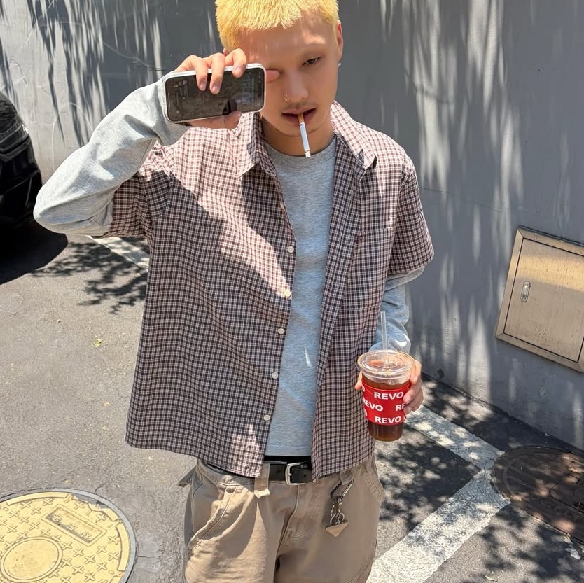 ersco Plaid Shirt Violet 착용 스타일 - 3