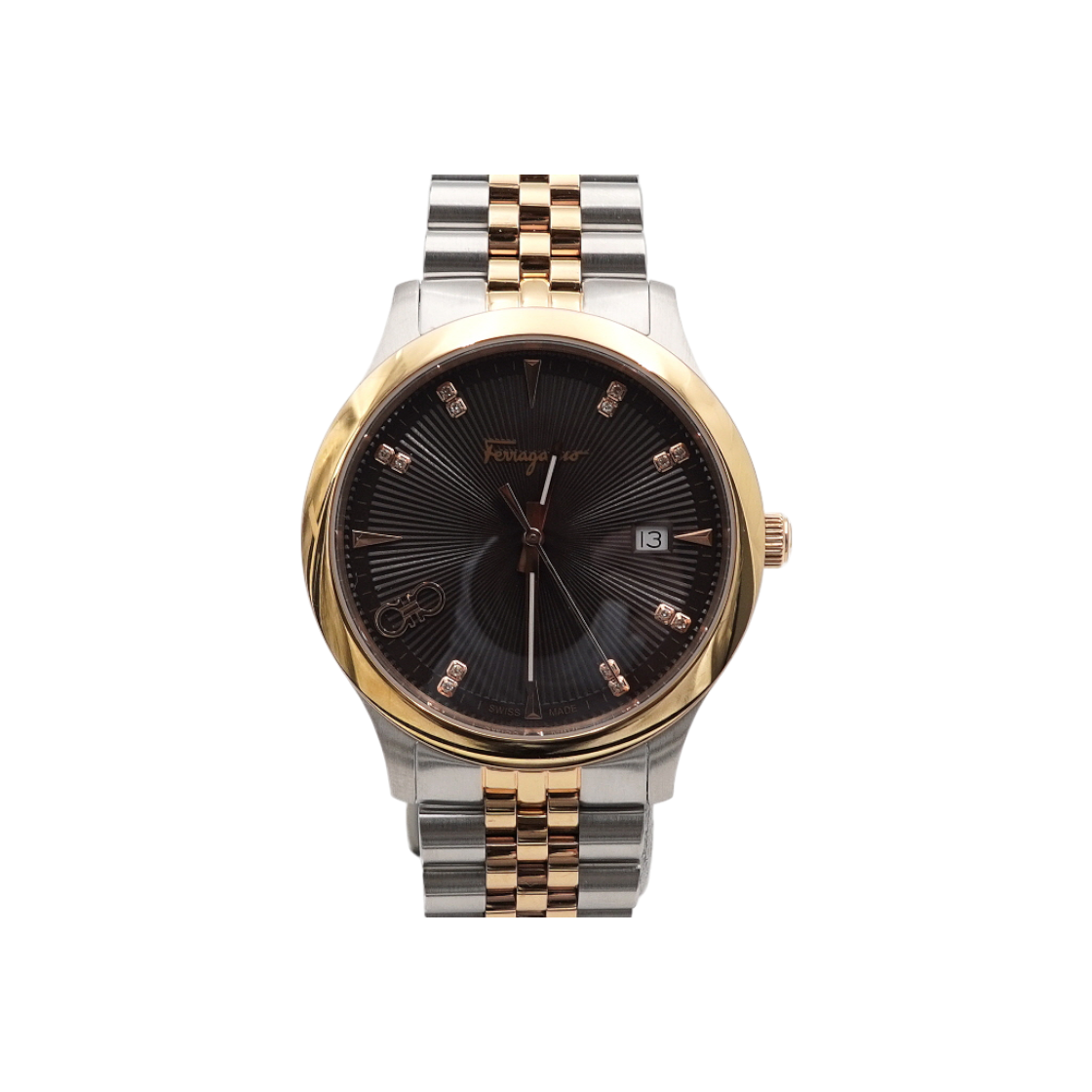 IT4P9DIQE92M Ferragamo SFCV004-19 Double Gancini Brown DUO Diamond Large Quartz Gold Stainless Steel Men Watch