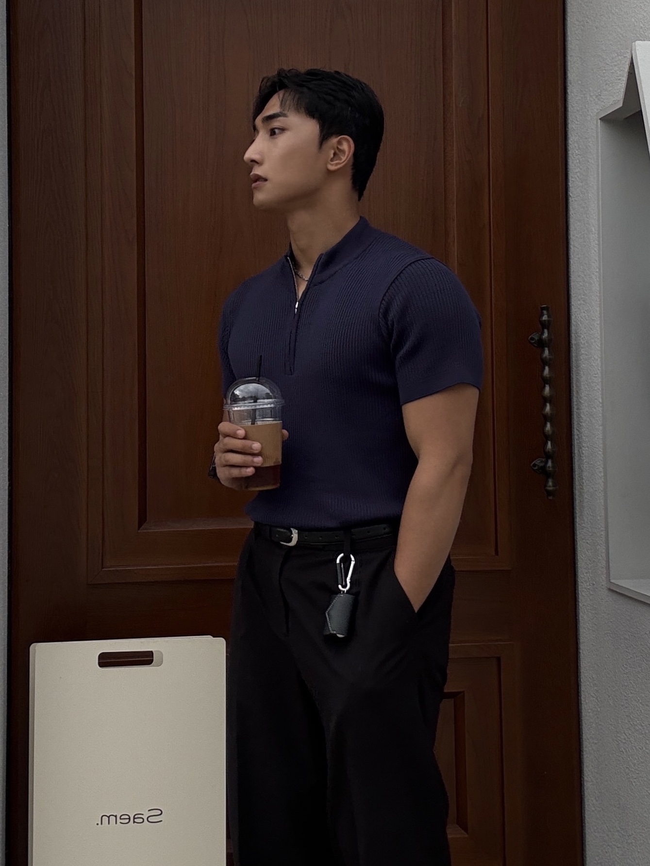 PHOS333 M Slim Fit Half Zip Knit Navy 착용 스타일 - 5