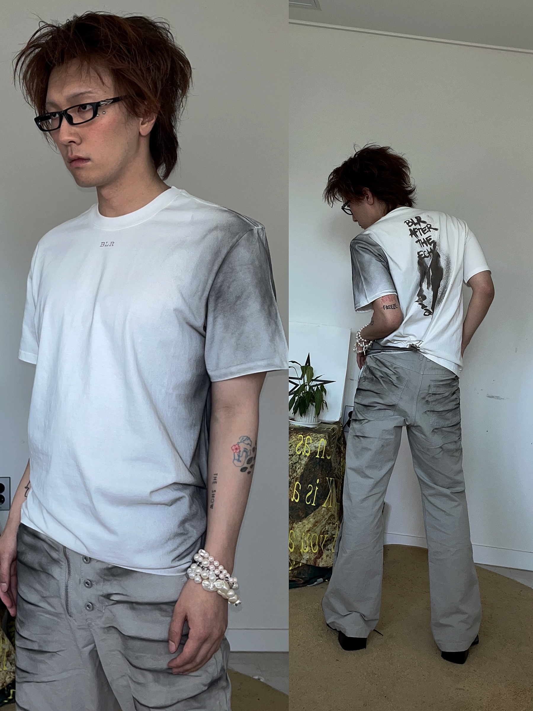BLR Spray Washed Semi-Flare Pants Beige, BLR Silhouette Graphic Oversized T-Shirt Ivory 착용 스타일 - 1