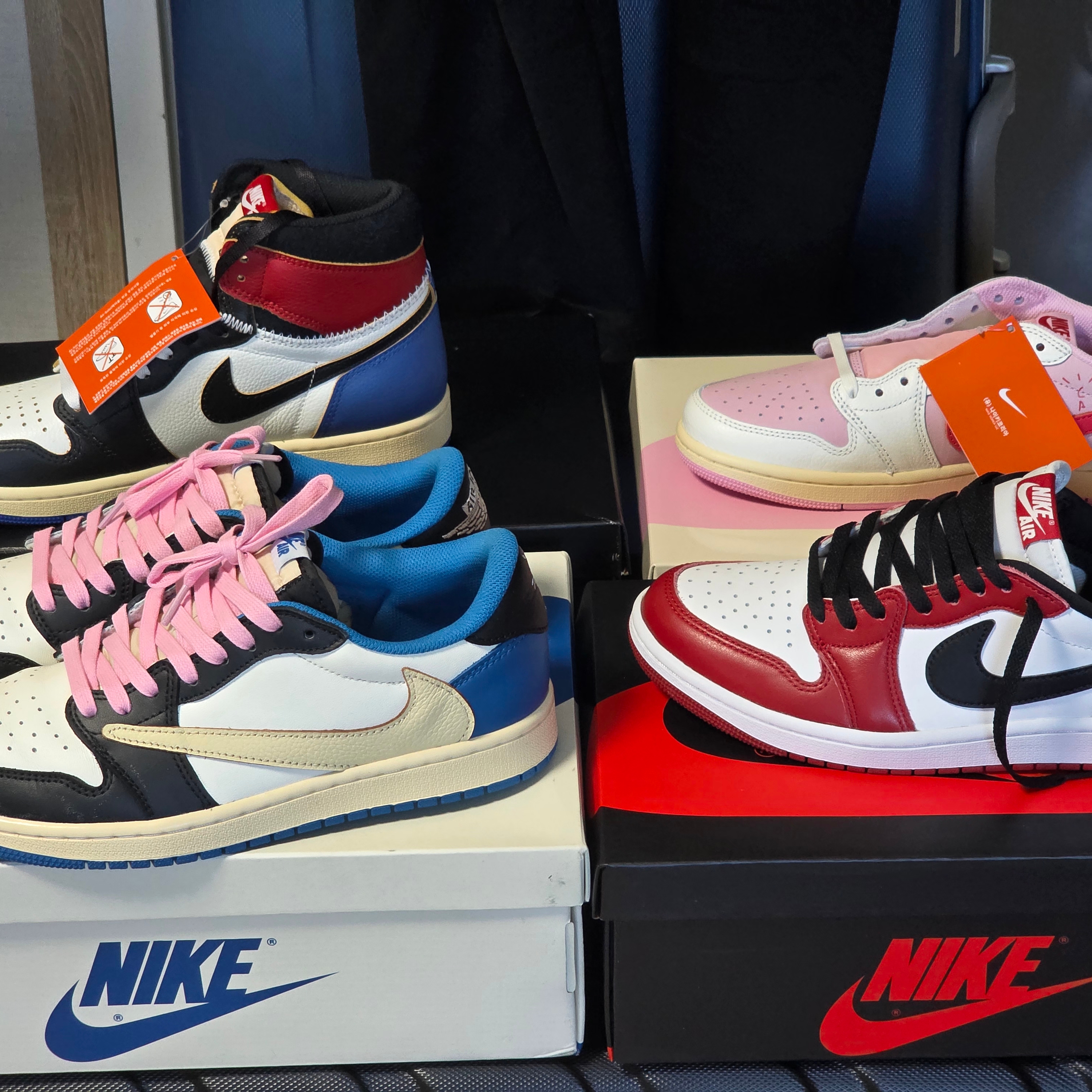Jordan 1 x Travis Scott Retro Low OG SP Sail Tropical Pink, Jordan 1 x Fragment x Union LA Black and Varsity Red 착용 스타일 - 2
