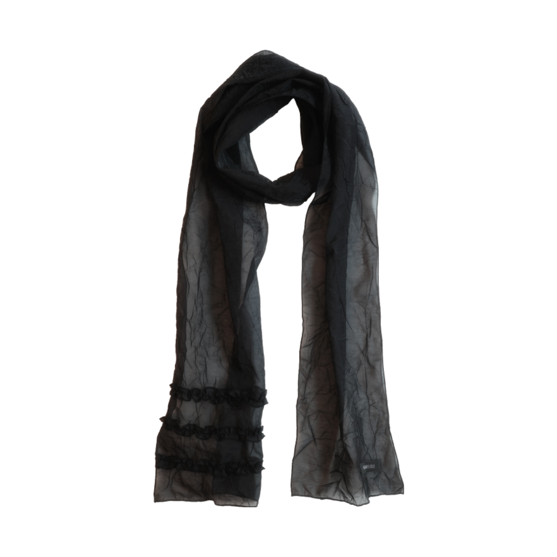 쿠키시 시어 링클 프릴 롱스카프 - 블랙(Kookeesee Sheer Wrinkle Frill Long Scarf - Black)
