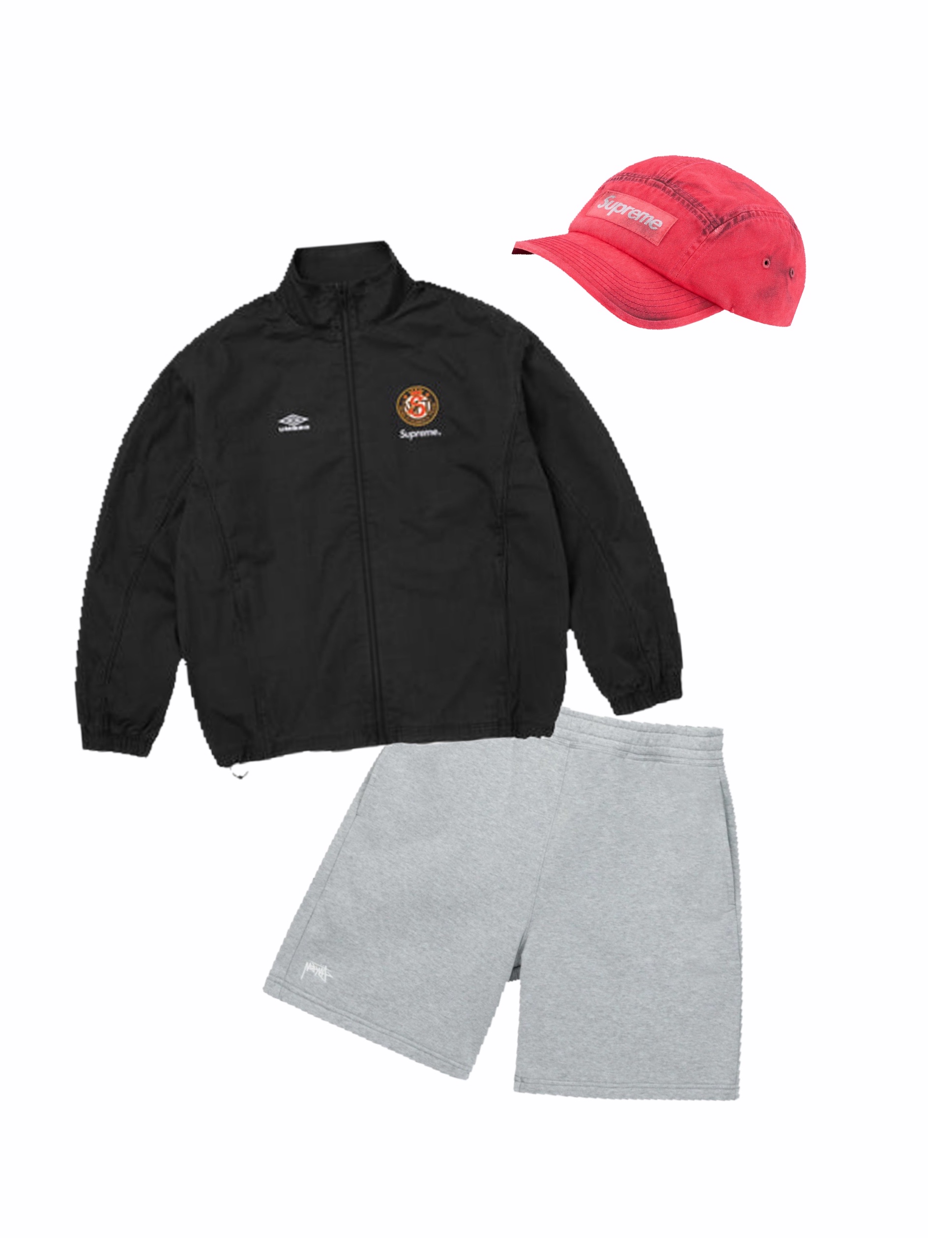 Supreme x Umbro Cotton Ripstop Track Jacket Black - 26SS, Stussy Overdyed Stock Logo Shorts Grey Heather 착용 스타일