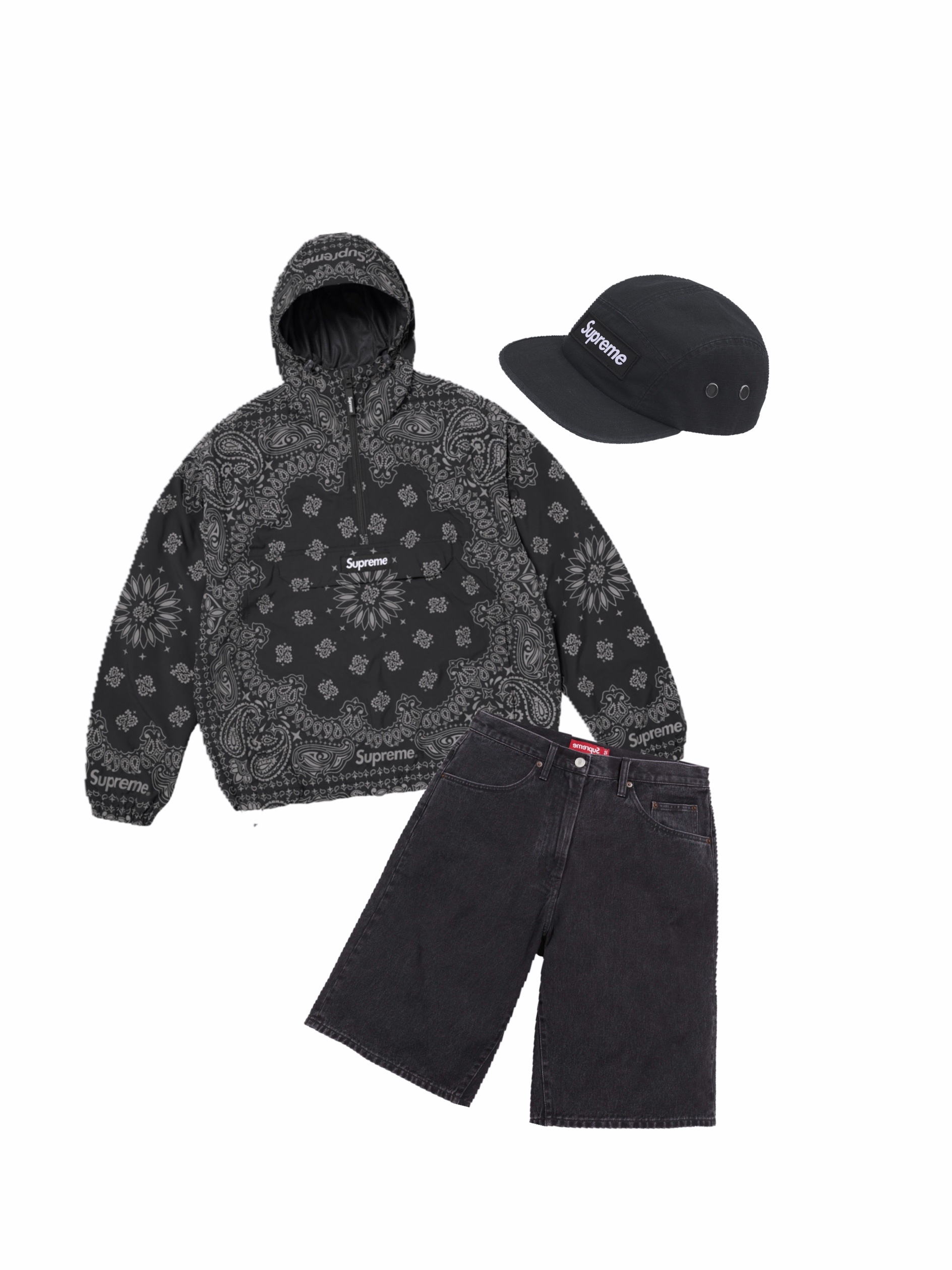 Supreme Reflective Bandana Anorak Black - 26SS, Supreme Baggy Denim Short Black - 26SS 착용 스타일