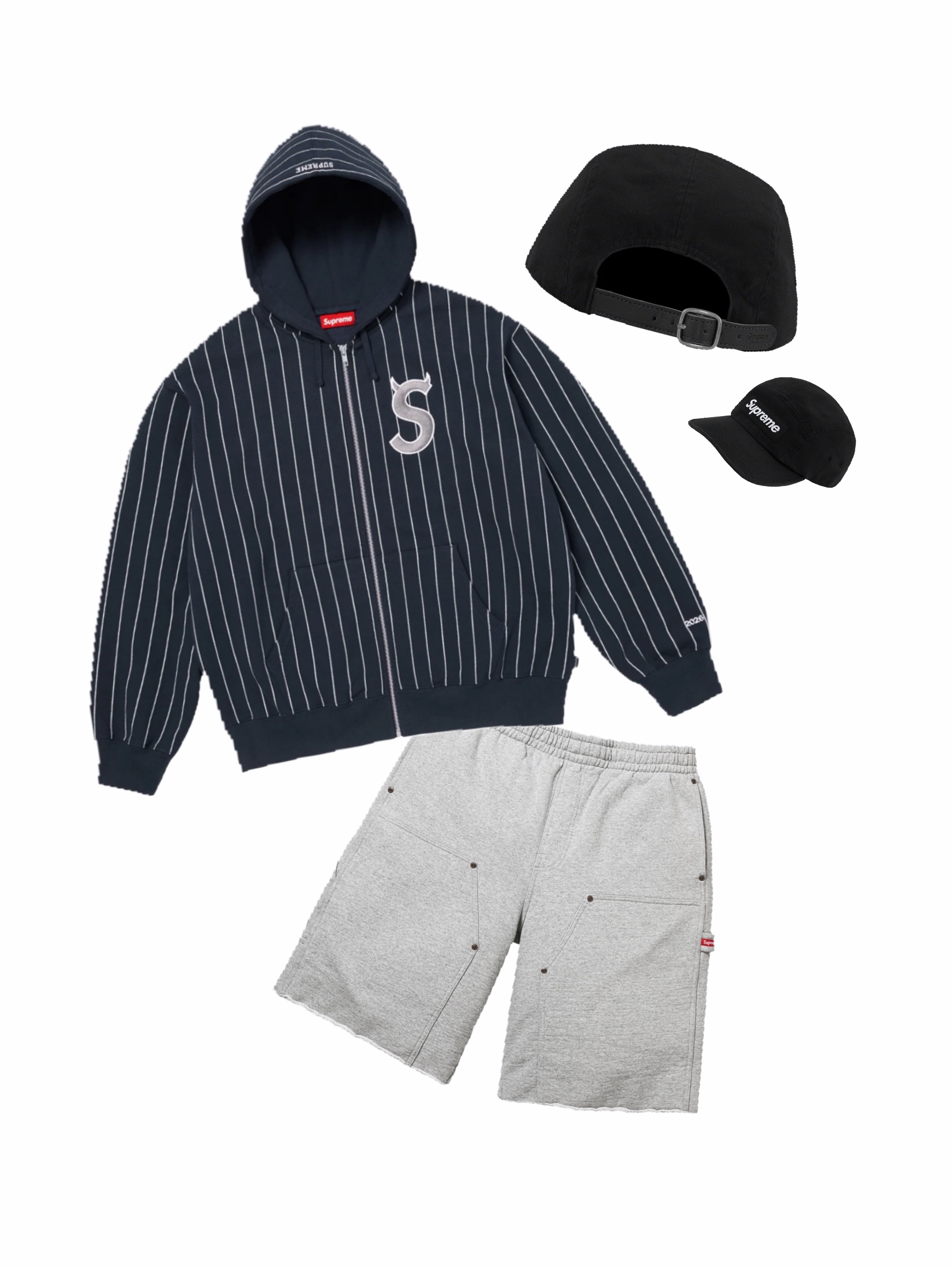 Supreme Devil S Logo Zip Up Hooded Sweatshirt Stripe - 26SS, Supreme Washed Chino Twill Camp Cap Black 착용 스타일
