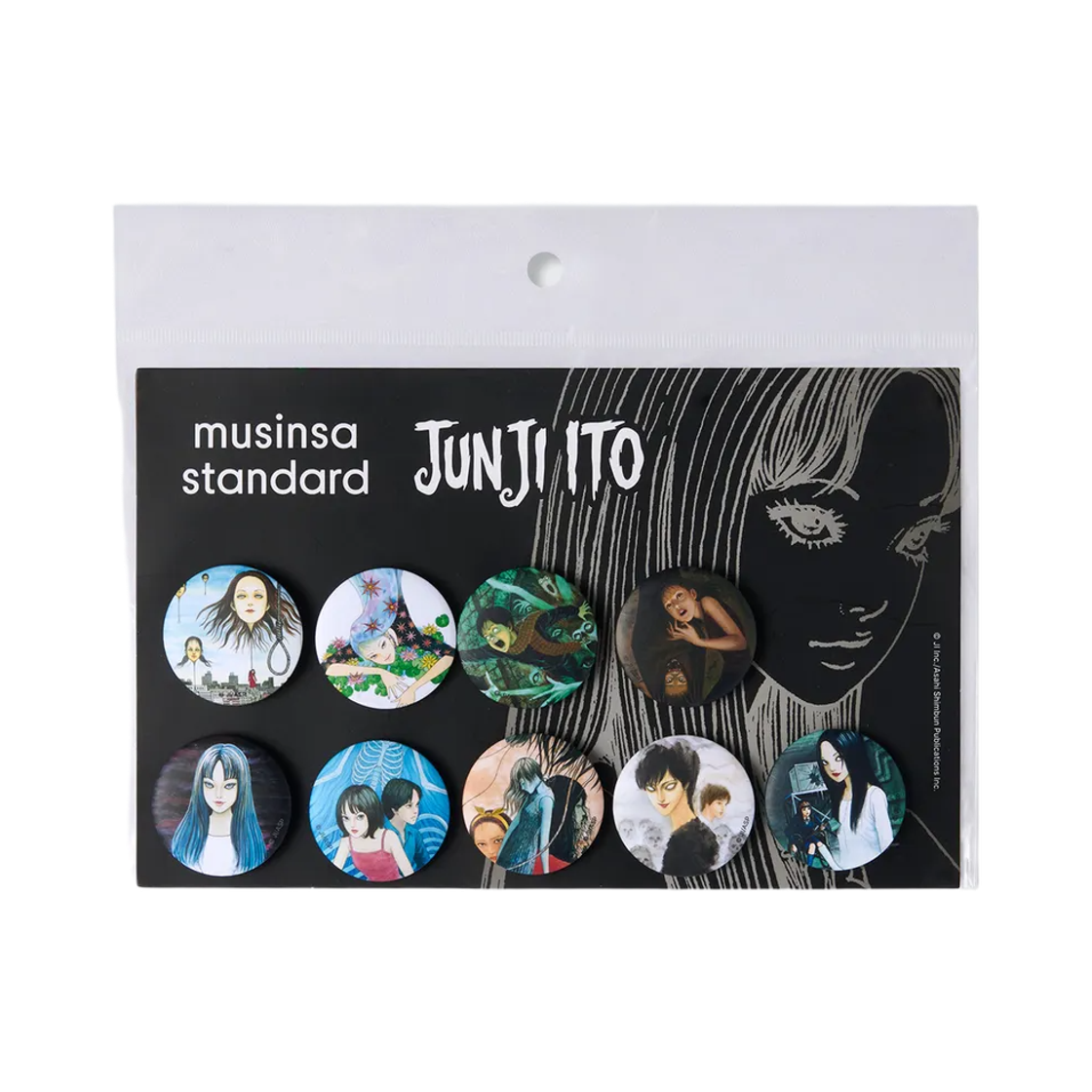 ๋ฌด์ ์ฌ ์คํ ๋ค๋ x ์ดํ ์ค์ง ์ผ๋ฌ์คํธ๋ ์ด์
๋ฑ์ง 9์ข
์ธํธ(Musinsa Standard x Junji Ito Illustration Badge 9-Piece Set)