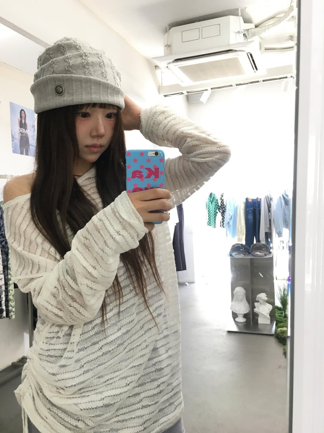 SOMSOC Lina Jacquard Band Beanie Melange Grey, SOMSOCAllie Lace Knitted Top White 착용 스타일 - 1