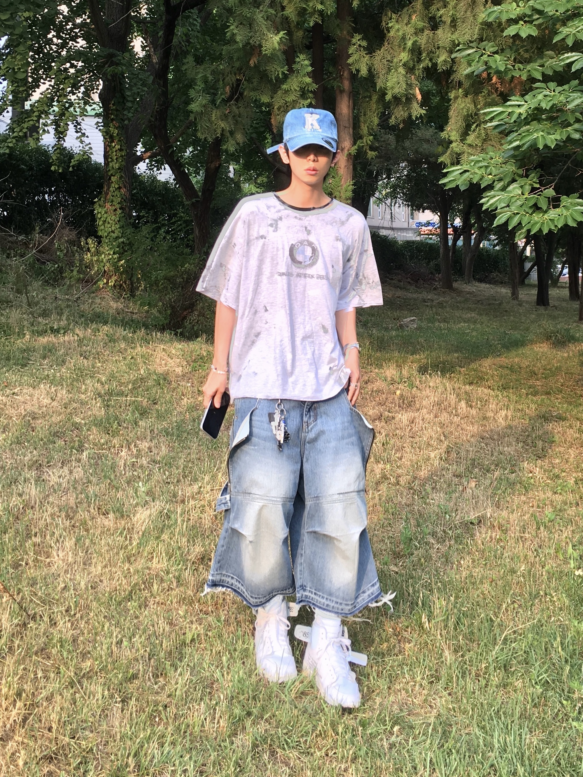 Kamien x Koin Seoul K Logo Ball Cap Blue Denim, Kamien Ground Bermuda Denim Pants Blue 착용 스타일 - 1