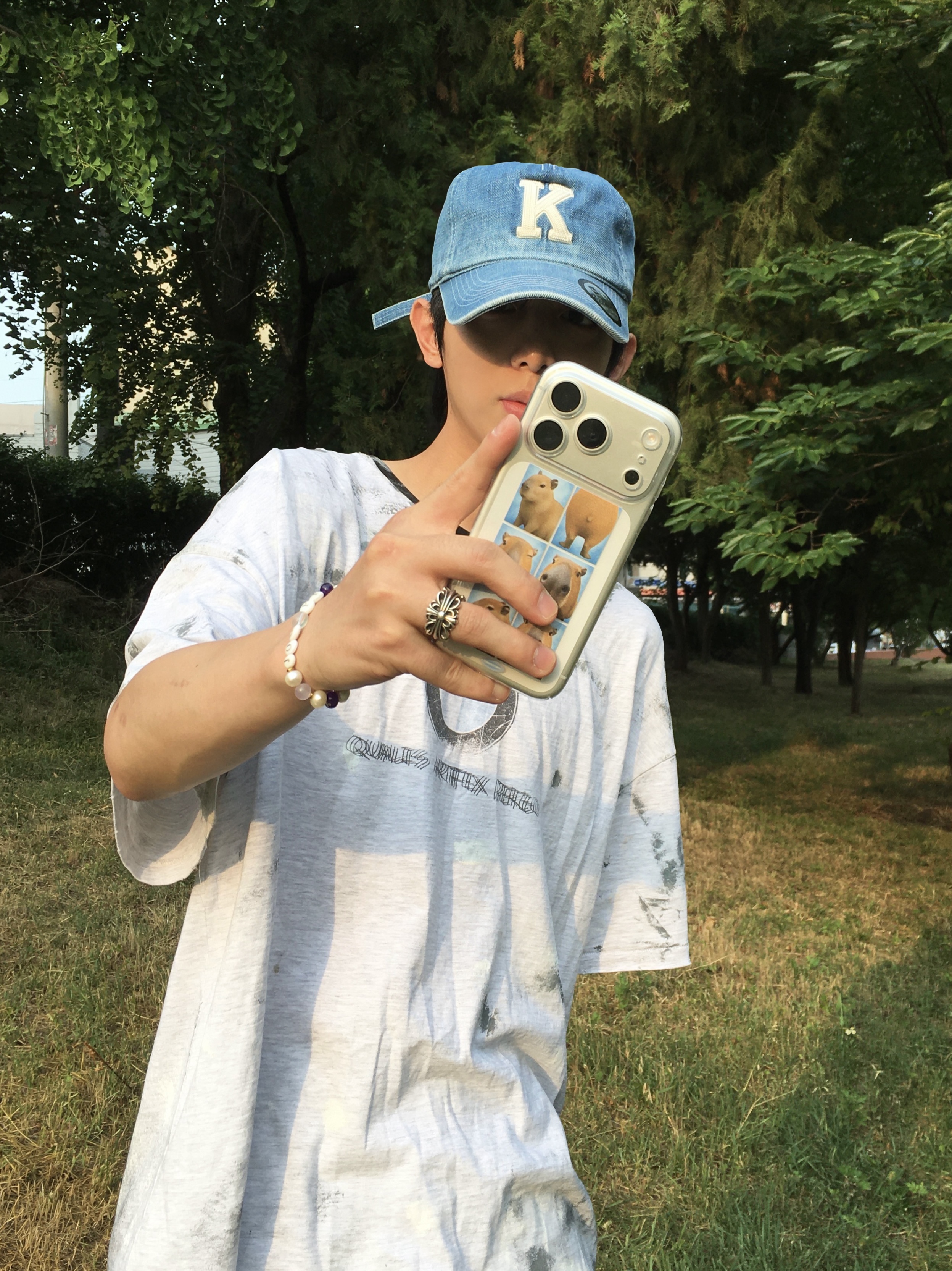 Kamien x Koin Seoul K Logo Ball Cap Blue Denim, Kamien Ground Bermuda Denim Pants Blue 착용 스타일 - 4