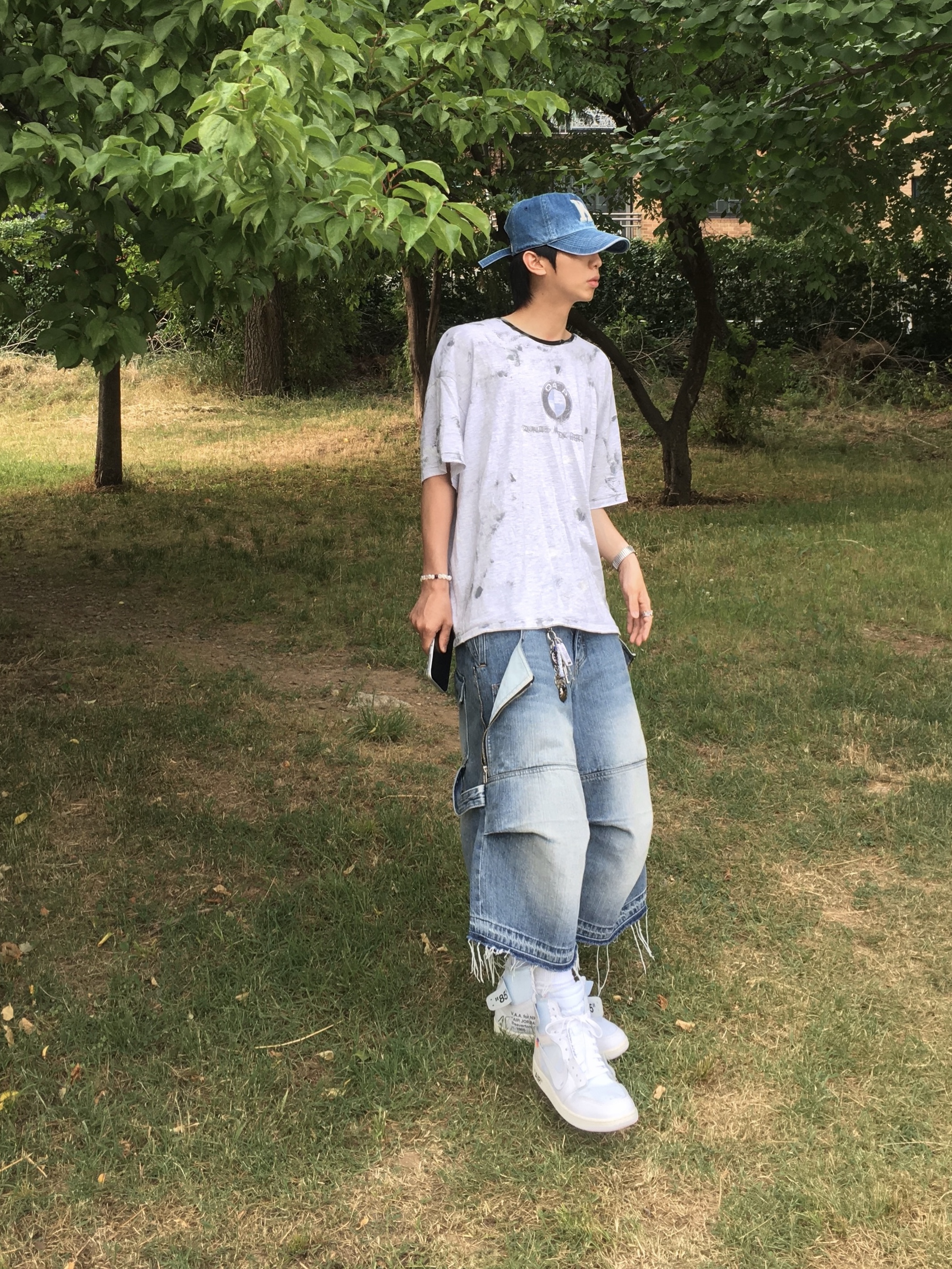 Kamien x Koin Seoul K Logo Ball Cap Blue Denim, Kamien Ground Bermuda Denim Pants Blue 착용 스타일 - 3